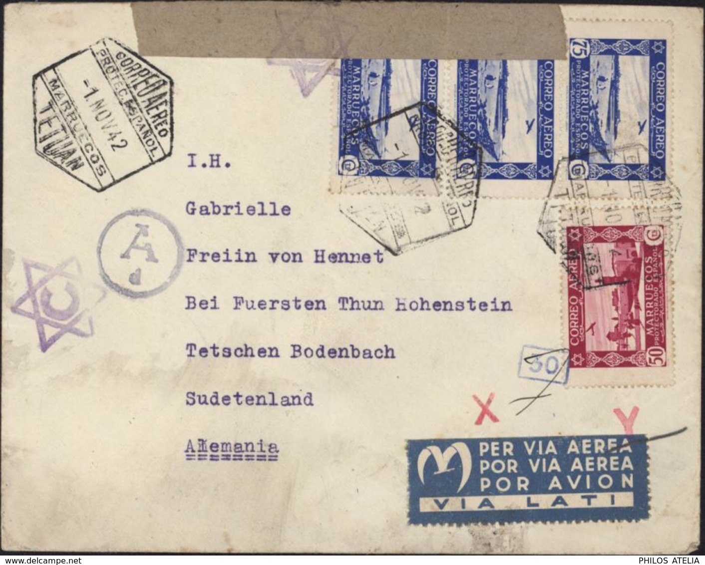 Marruecos Espanol Correo Aereo YT Ae 5 + 6 X3 CAD 1 11 42 Tetuan Censure étoile David C + Allemagne Ad Bande Kraft - Marocco Spagnolo