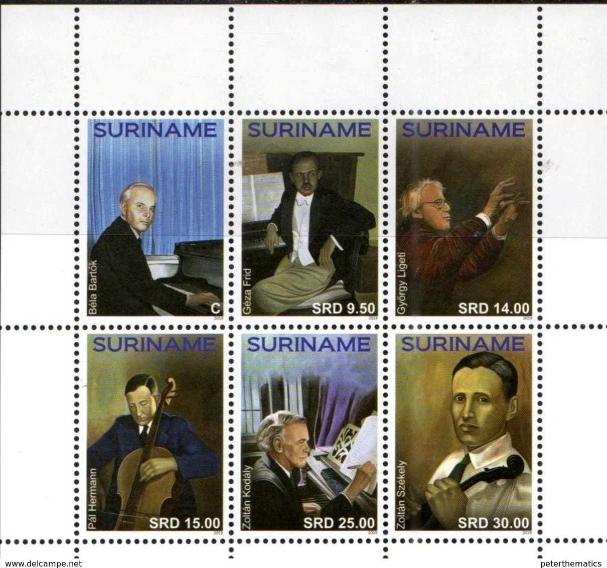 SURINAME, 2019, MNH, MUSIC, HUNGARIAN COMPOSERS, MUSICAL INSTRUMENTS, 6v - Music