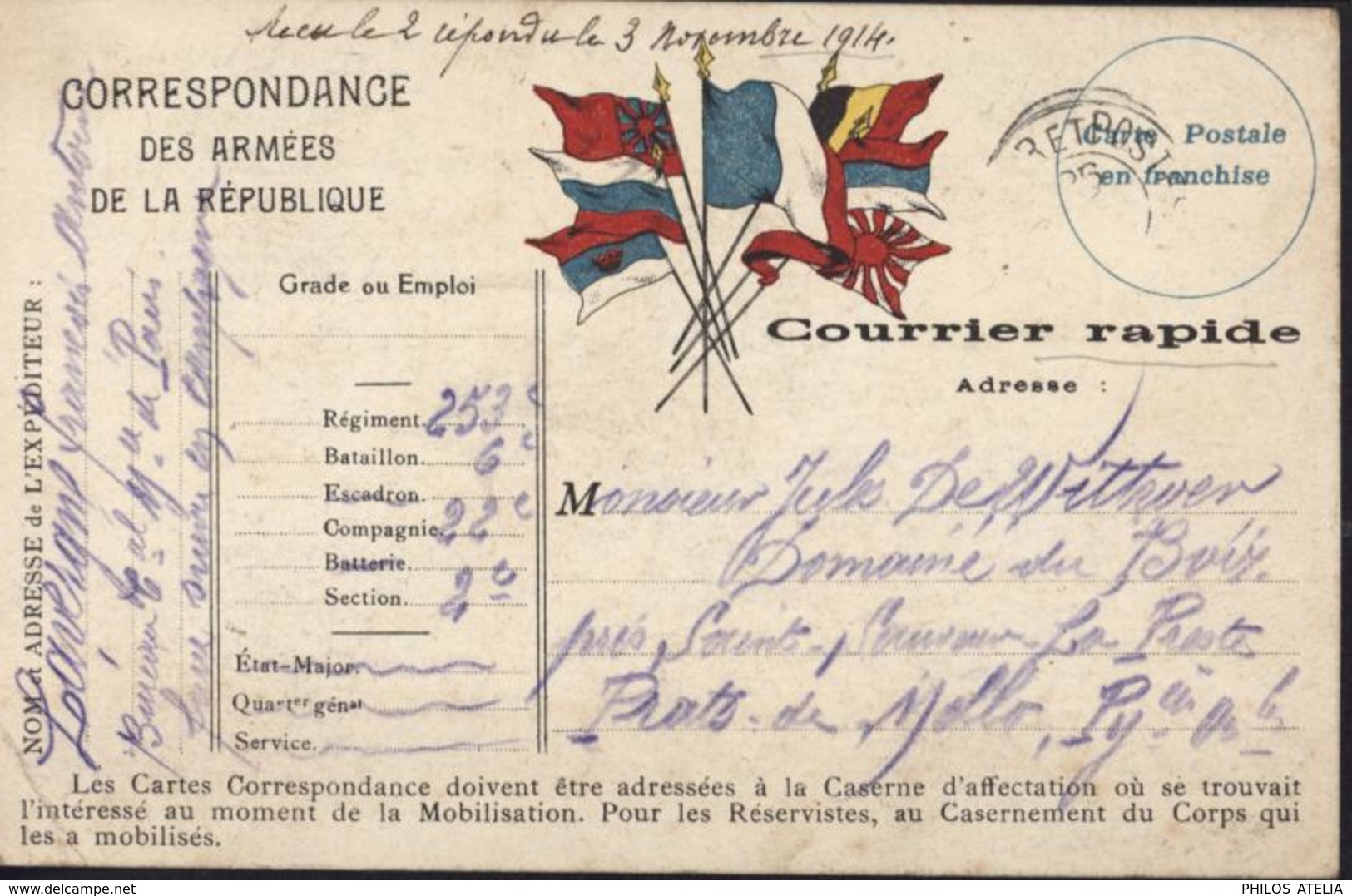 Guerre 14 FM Courrier Rapide Armée République Drapeaux Alliés Japon Russie Belgique Angleterre Serbie CAD Trésor Poste - Guerre De 1914-18