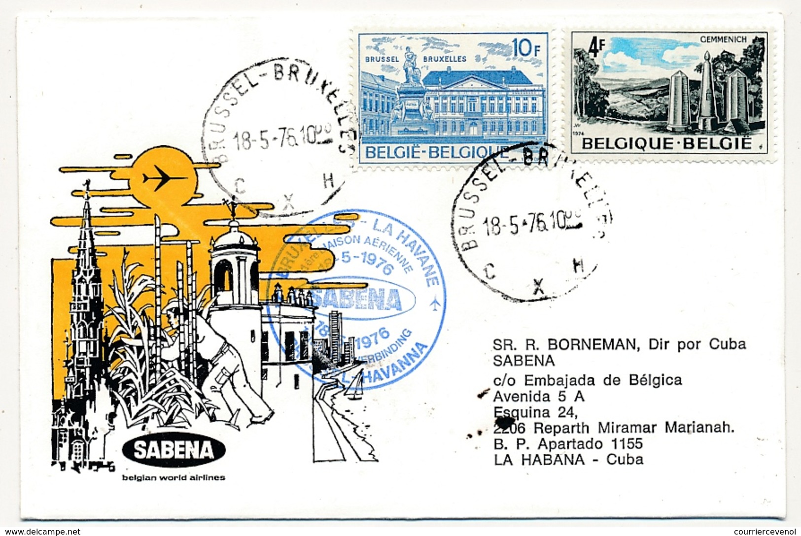 BELGIQUE / CUBA - 2 Enveloppes SABENA - 1ere Liaison Aérienne - BRUXELLES - LA HAVANE 18/5/1976 Et Retour 23/5/1976 - Otros & Sin Clasificación