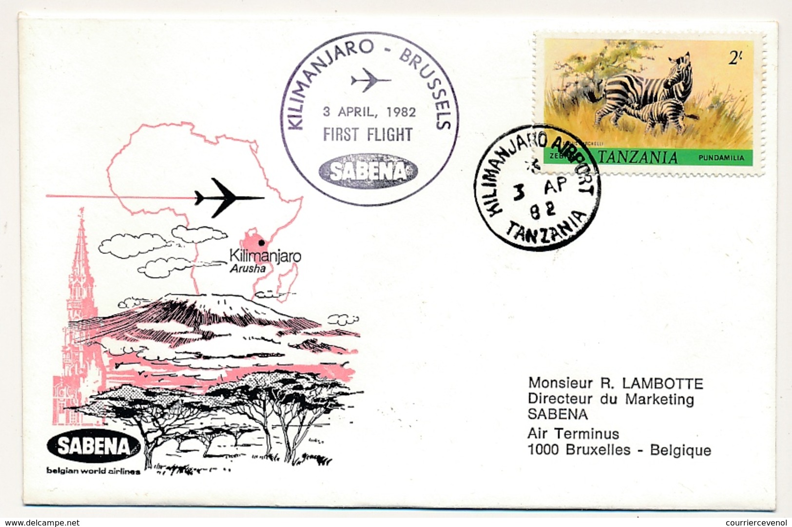 TANZANIE / BELGIQUE - 2 Enveloppes SABENA - 1ere Liaison Aérienne - KILIMANJARO / BRUXELLES Retour 3/4/1982 Et 2/4/1982 - Tansania (1964-...)