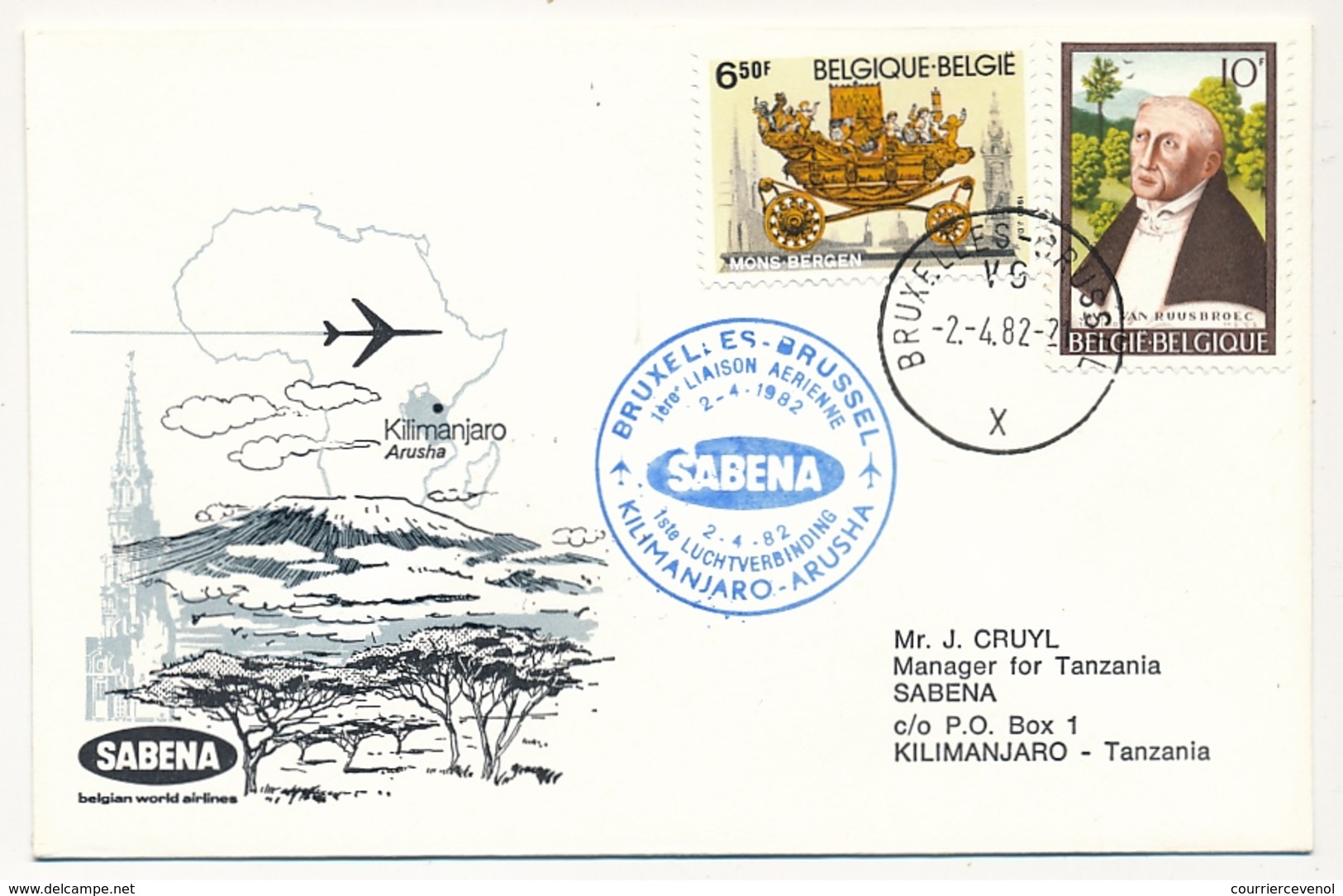 TANZANIE / BELGIQUE - 2 Enveloppes SABENA - 1ere Liaison Aérienne - KILIMANJARO / BRUXELLES Retour 3/4/1982 Et 2/4/1982 - Tanzania (1964-...)