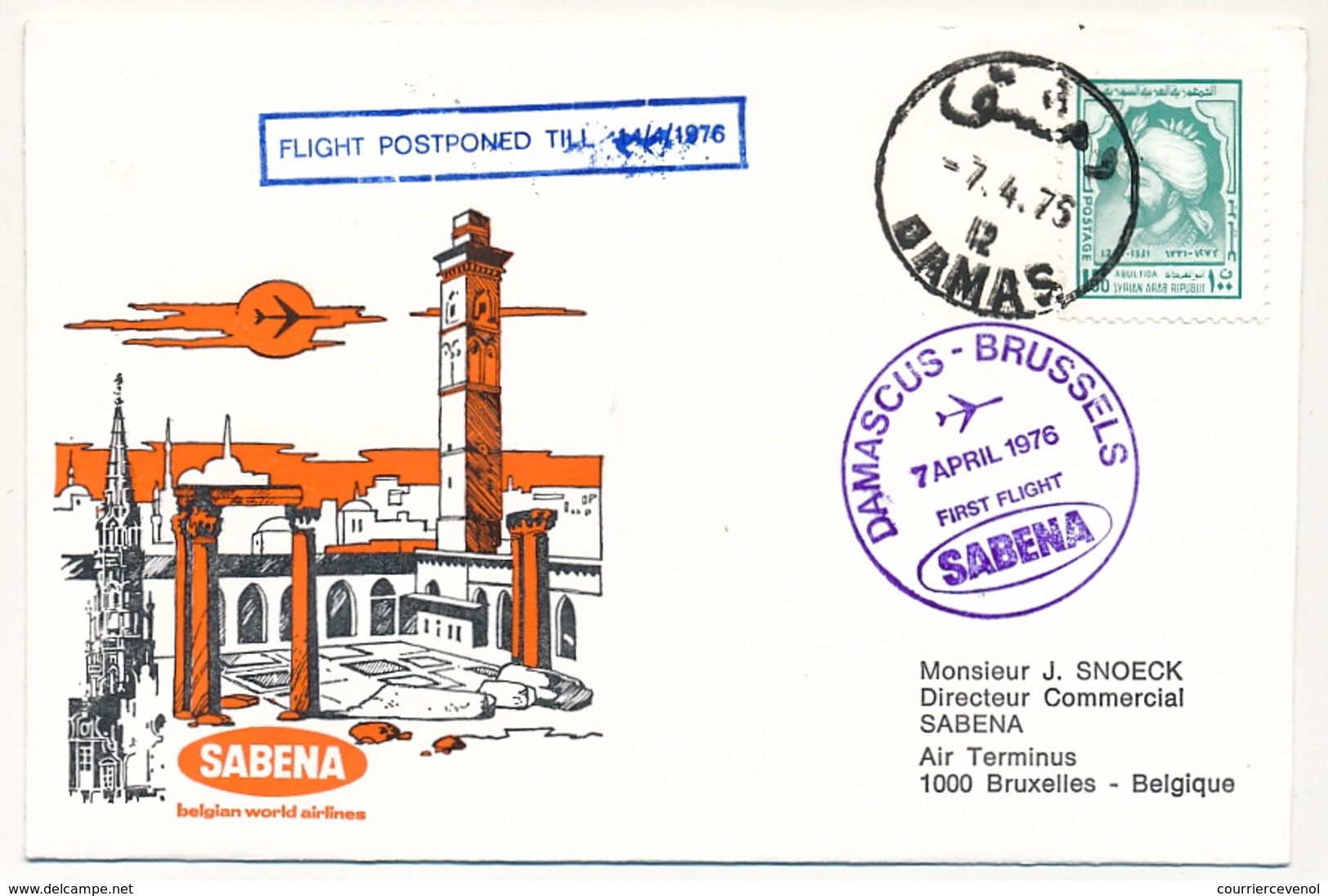 BELGIQUE / SYRIE - 2 Enveloppes SABENA - 1ere Liaison Aérienne - BRUXELLES - DAMAS - 6/4/1976 Et Retour Le 7 - Andere & Zonder Classificatie