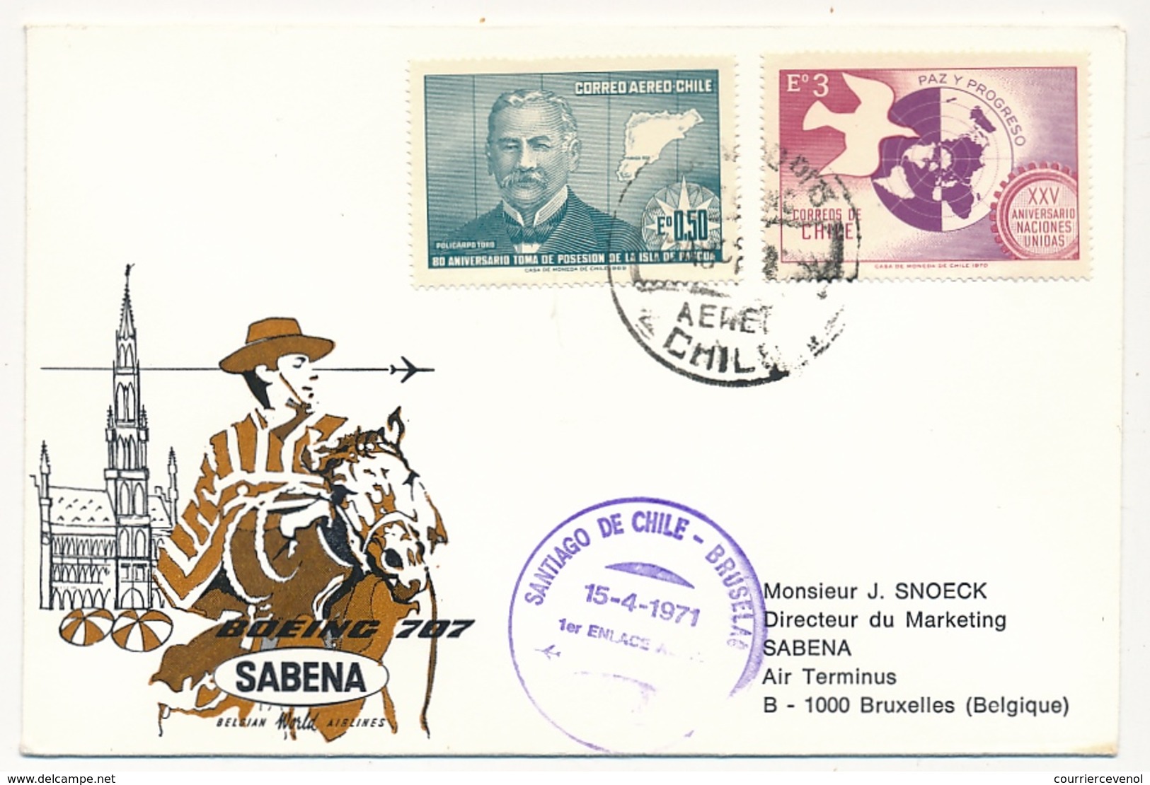 BELGIQUE / CHILI - 2 Enveloppes SABENA - 1ere Liaison Aérienne - BRUXELLES - SANTIAGO CHILI - 13/4/1971 Et Retour Le 15 - Autres & Non Classés