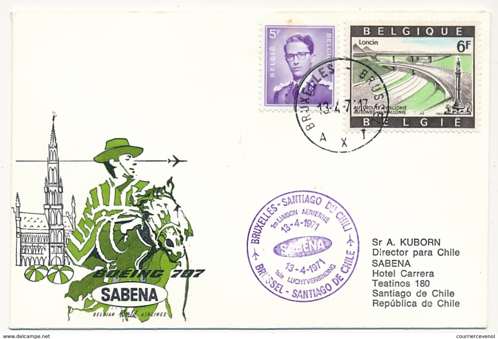CHILI / BELGIQUE- 2 Enveloppes SABENA - 1ere Liaison Aérienne - SANTIAGO CHILI / BRUXELLES - 15/4/1971 Et Aller Le 13 - Chile
