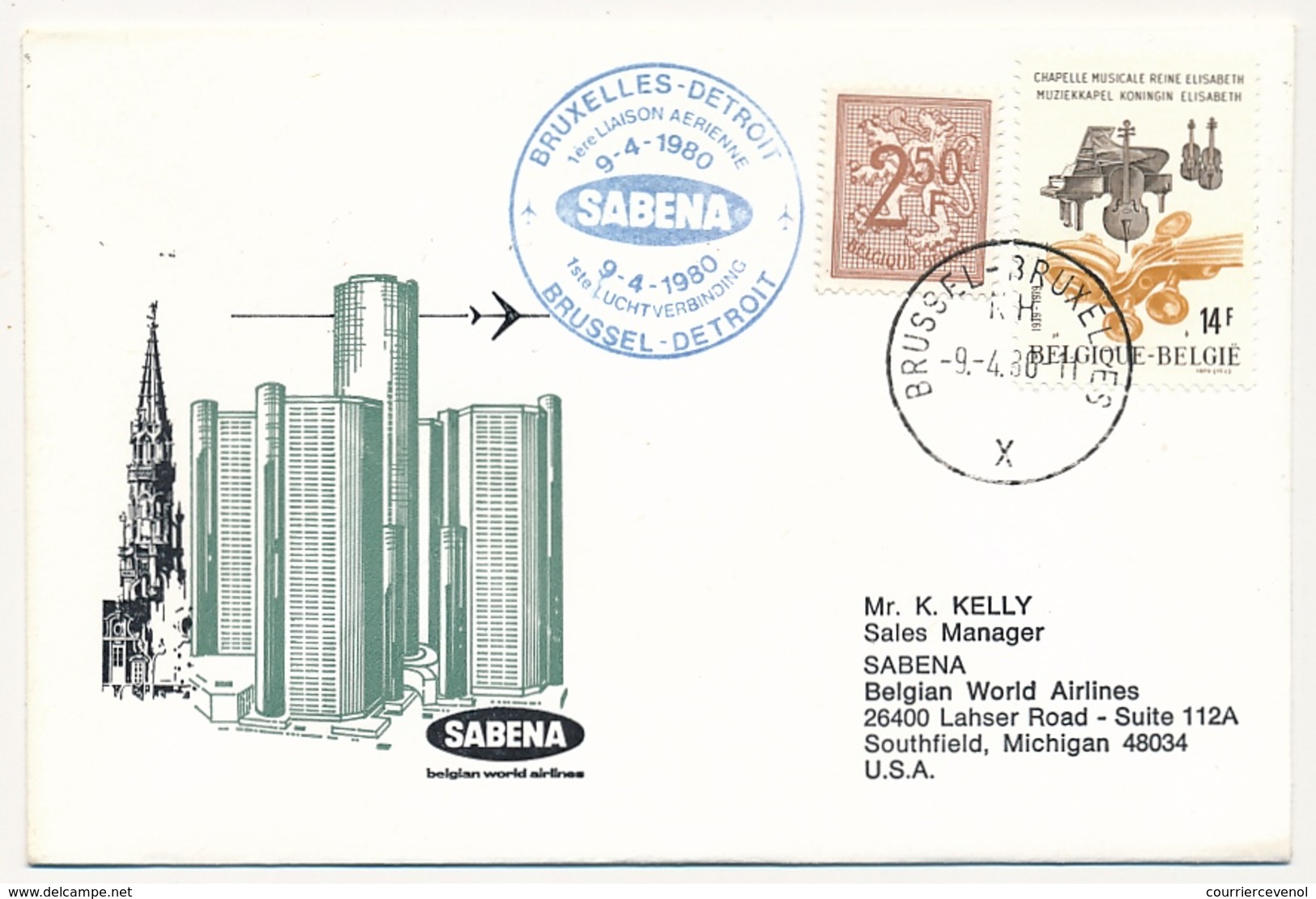 BELGIQUE / USA  - 2 Enveloppes SABENA - 1ere Liaison Aérienne - BRUXELLES - DETROIT - 9/4/1980 Et Retour Le Même Jour - Altri & Non Classificati