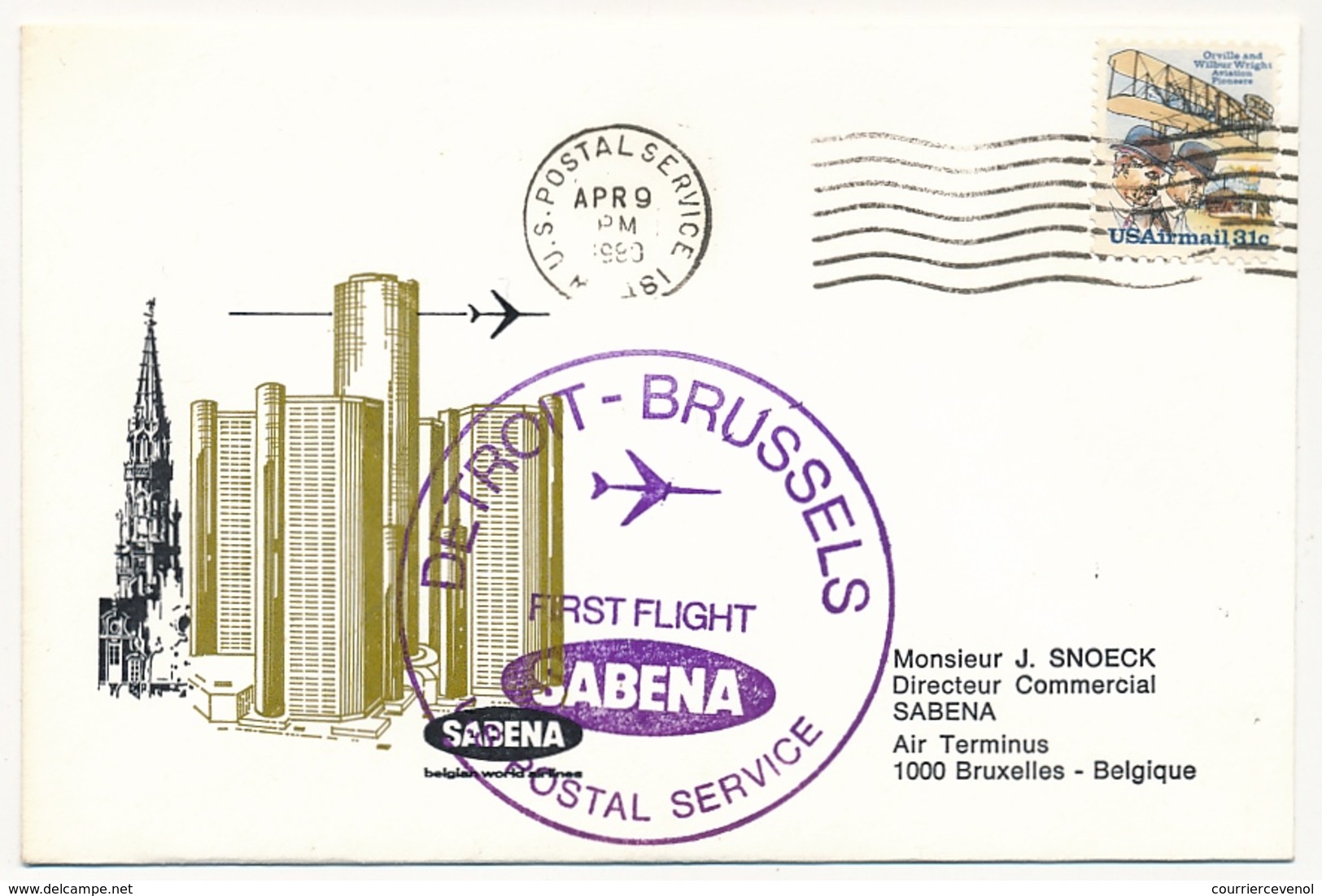 BELGIQUE / USA  - 2 Enveloppes SABENA - 1ere Liaison Aérienne - BRUXELLES - DETROIT - 9/4/1980 Et Retour Le Même Jour - Sonstige & Ohne Zuordnung