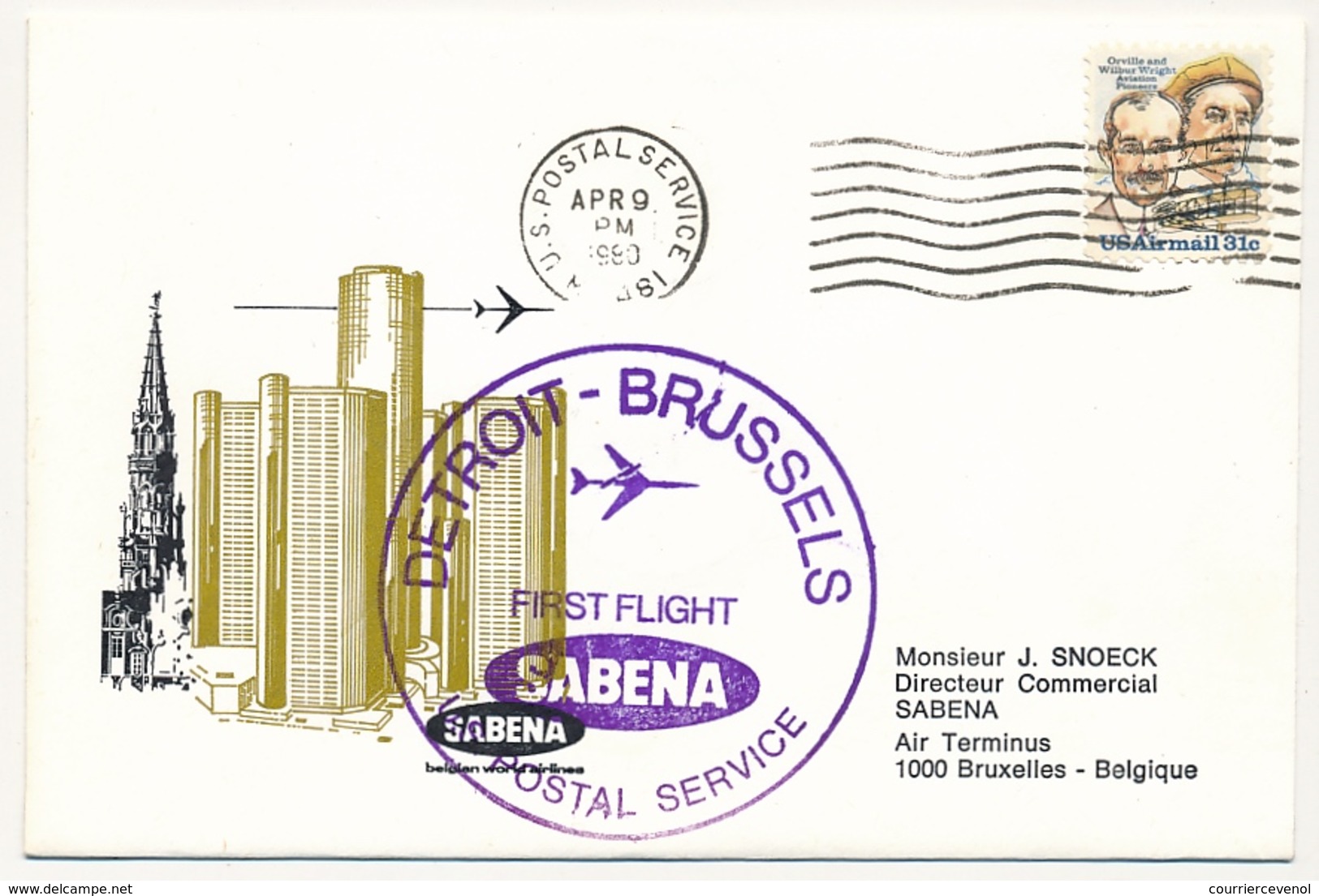 ETATS UNIS / BELGIQUE- 2 Enveloppes SABENA - 1ere Liaison Aérienne - DETROIT / BRUXELLES - 9/4/1980 Et Aller Même Jour - 3c. 1961-... Lettres