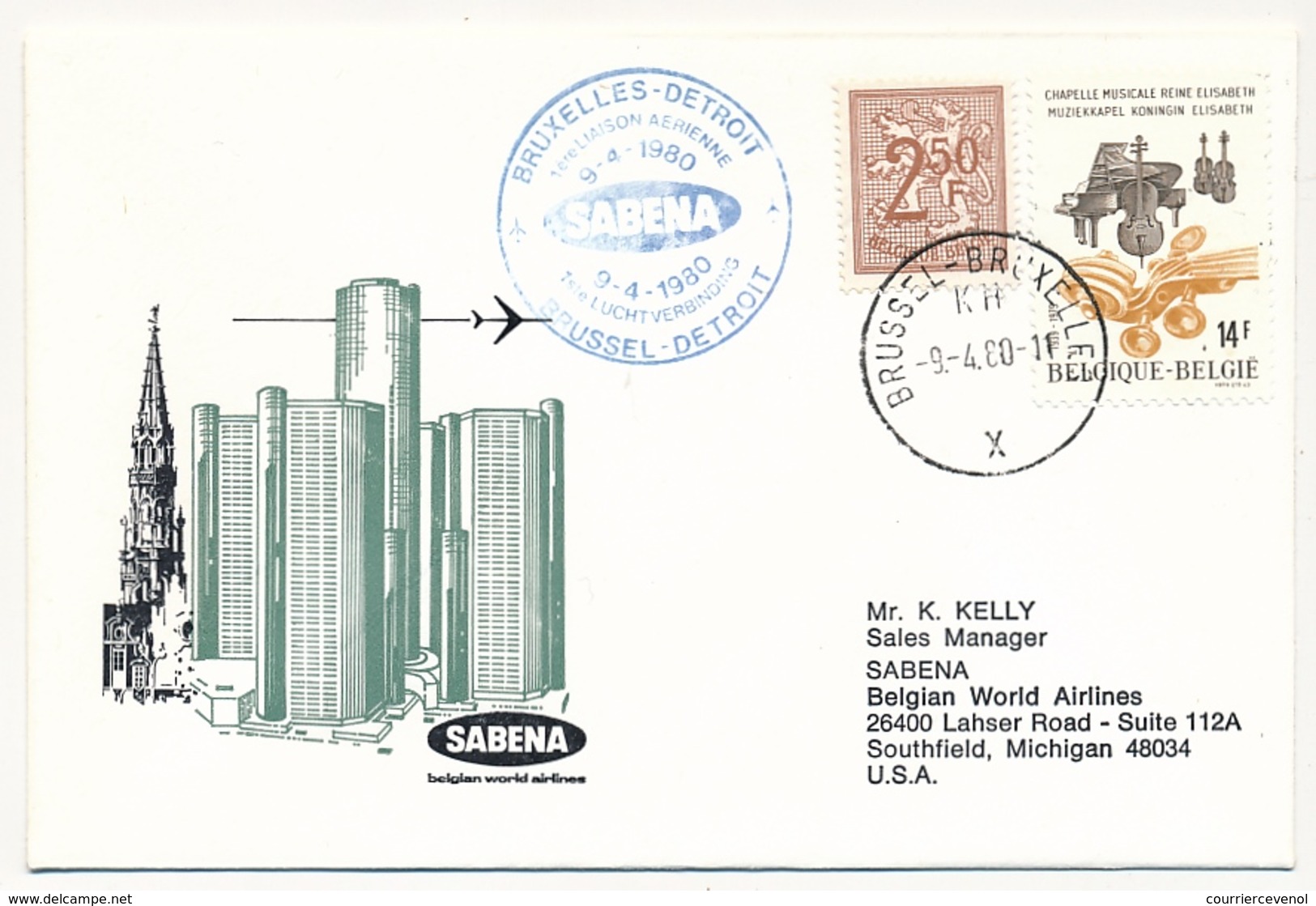 ETATS UNIS / BELGIQUE- 2 Enveloppes SABENA - 1ere Liaison Aérienne - DETROIT / BRUXELLES - 9/4/1980 Et Aller Même Jour - 3c. 1961-... Covers