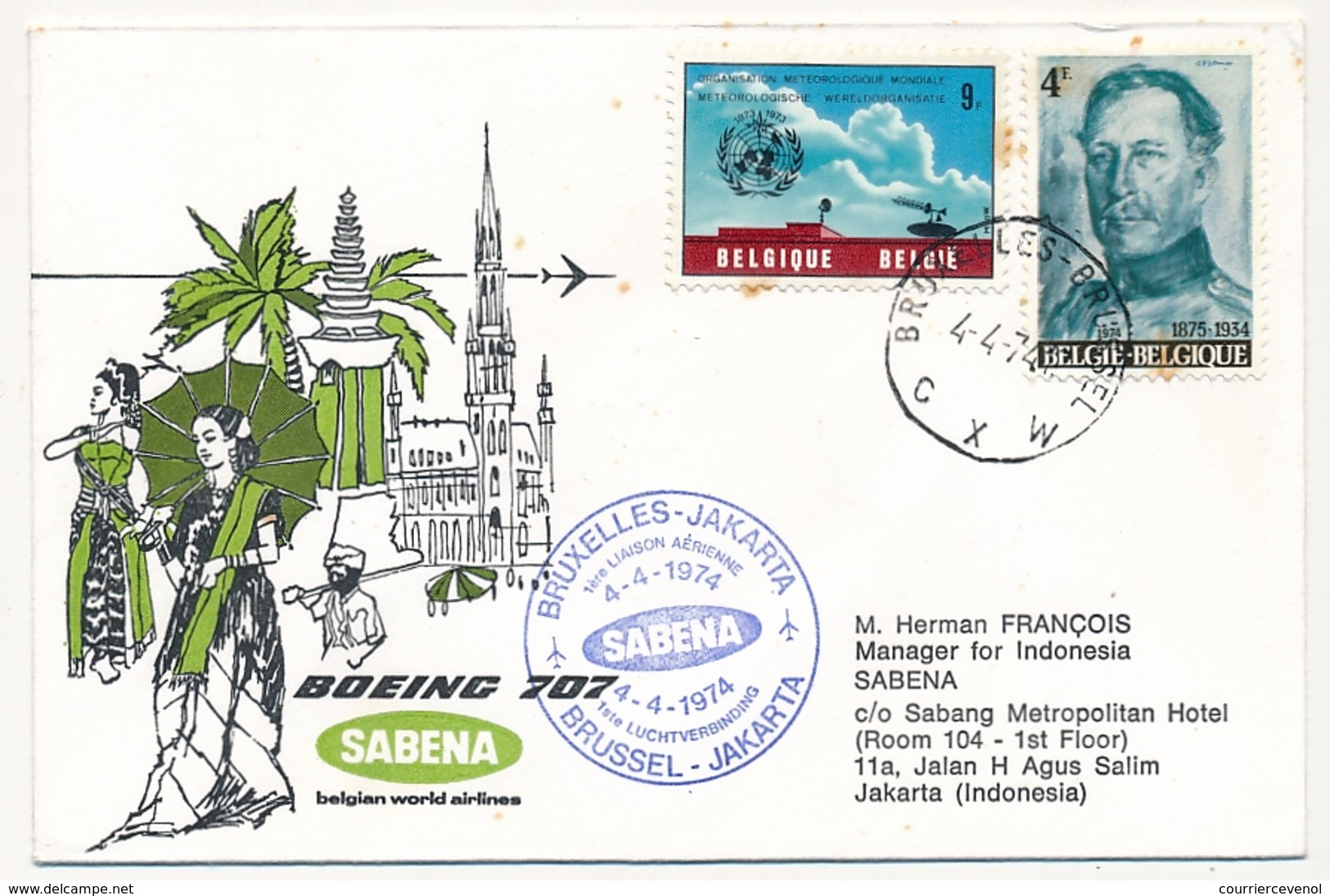 BELGIQUE / INDONESIE  - 2 Enveloppes SABENA - 1ere Liaison Aérienne - BRUXELLES - DJAKARTA - 4 Et 5 Avril 1974 - Autres & Non Classés