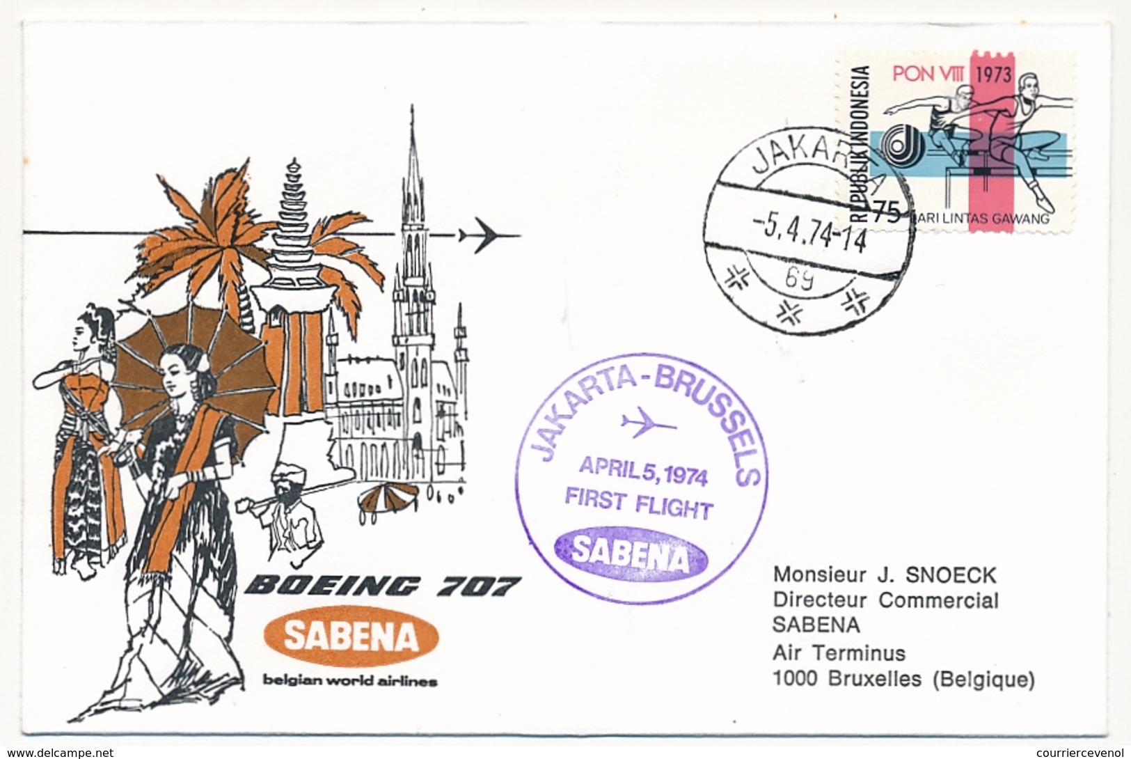 BELGIQUE / INDONESIE  - 2 Enveloppes SABENA - 1ere Liaison Aérienne - BRUXELLES - DJAKARTA - 4 Et 5 Avril 1974 - Sonstige & Ohne Zuordnung