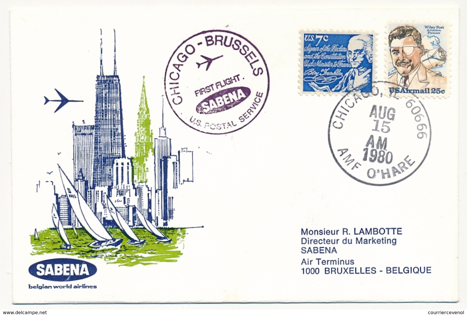 ETATS UNIS / BELGIQUE- 2 Enveloppes SABENA - 1ere Liaison Aérienne - CHICAGO / BRUXELLES - 15/8/1980 Et Aller Même Jour - 3c. 1961-... Lettres