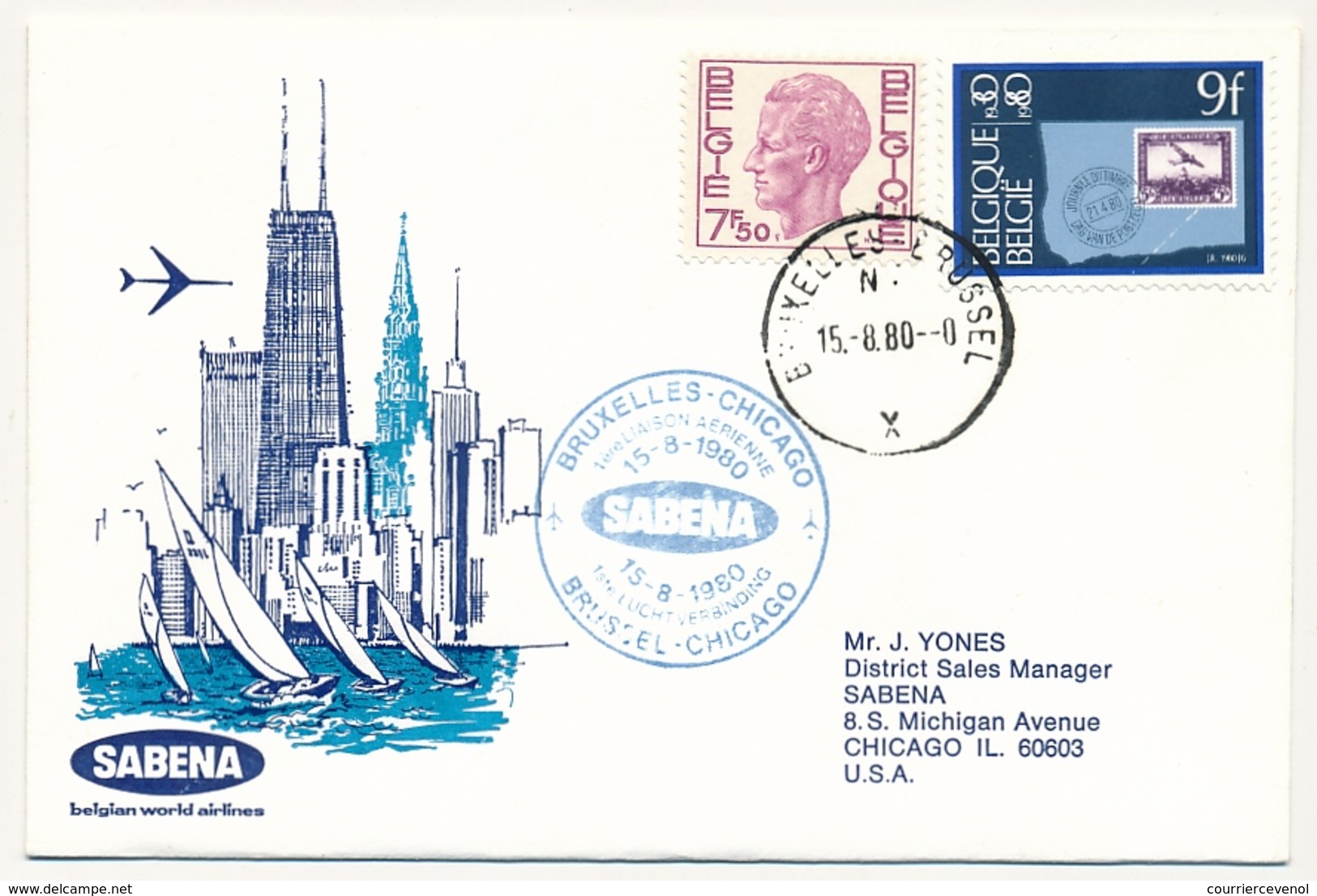 ETATS UNIS / BELGIQUE- 2 Enveloppes SABENA - 1ere Liaison Aérienne - CHICAGO / BRUXELLES - 15/8/1980 Et Aller Même Jour - 3c. 1961-... Cartas & Documentos