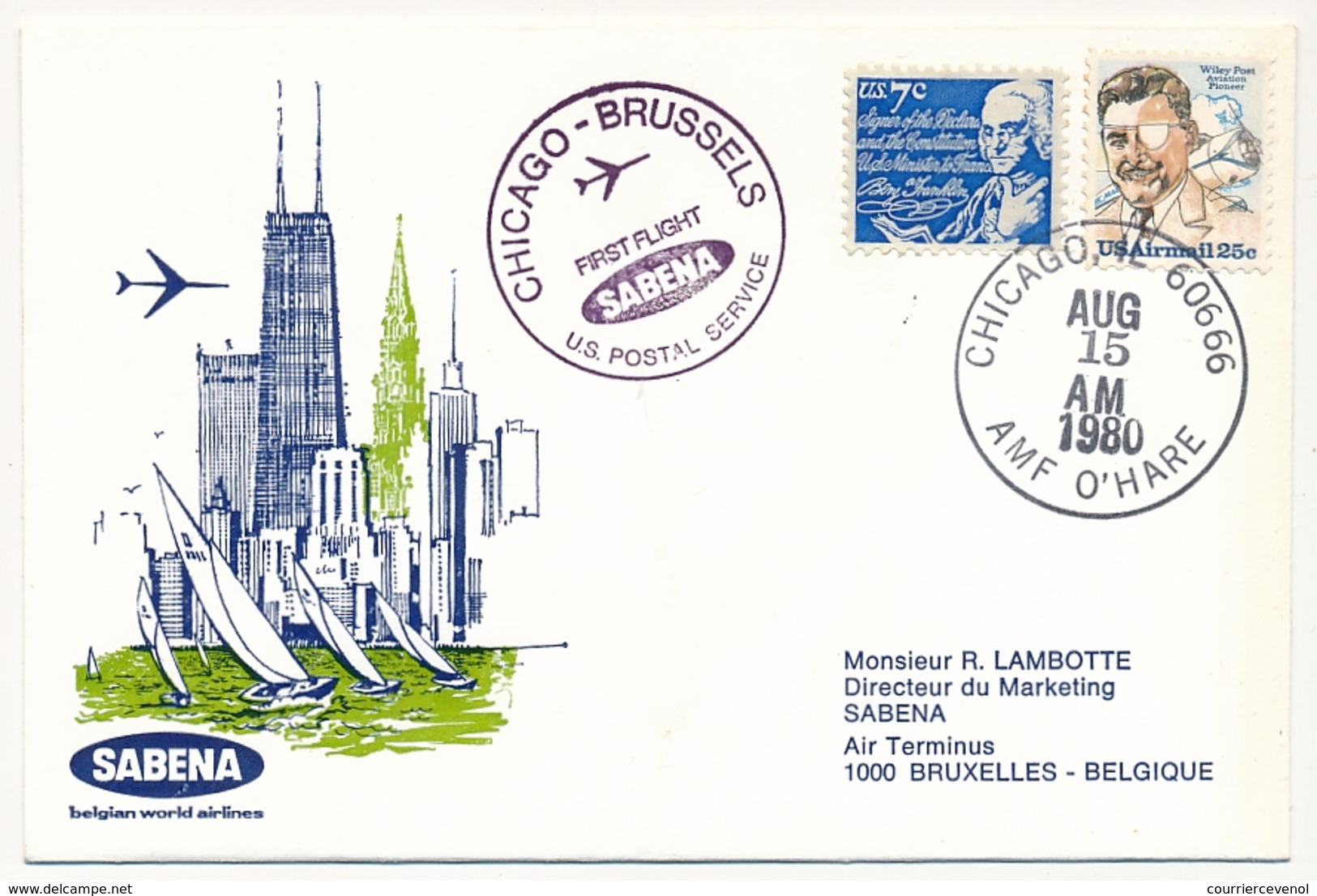 BELGIQUE / USA  - 2 Enveloppes SABENA - 1ere Liaison Aérienne - BRUXELLES - CHICAGO - 15/8/1980 - Andere & Zonder Classificatie