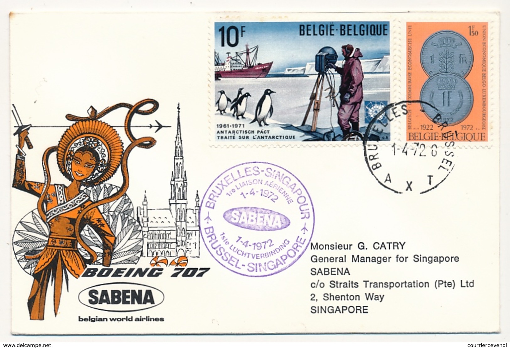 BELGIQUE / SINGAPOUR  - 2 Enveloppes SABENA - 1ere Liaison Aérienne - BRUXELLES - SINGAPOUR - 1/4/1972 Et 3/4/1972 - Autres & Non Classés