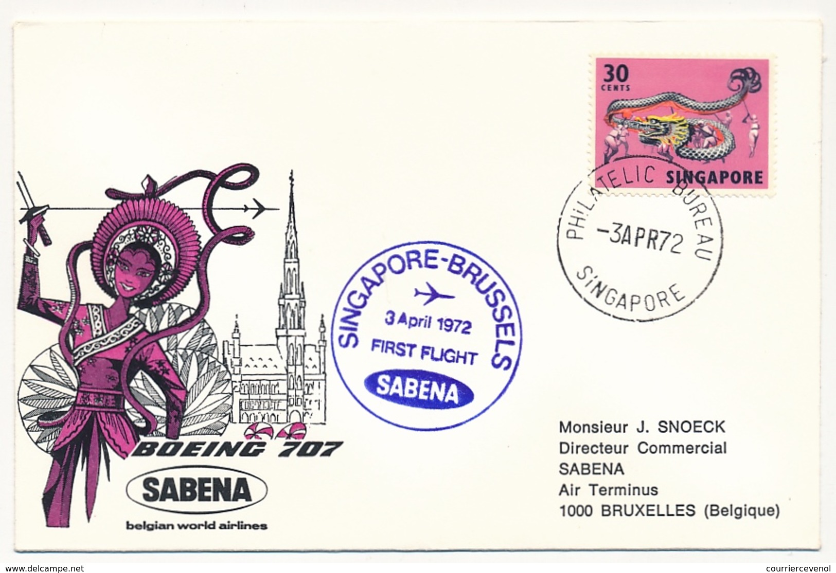 BELGIQUE / SINGAPOUR  - 2 Enveloppes SABENA - 1ere Liaison Aérienne - BRUXELLES - SINGAPOUR - 1/4/1972 Et 3/4/1972 - Autres & Non Classés