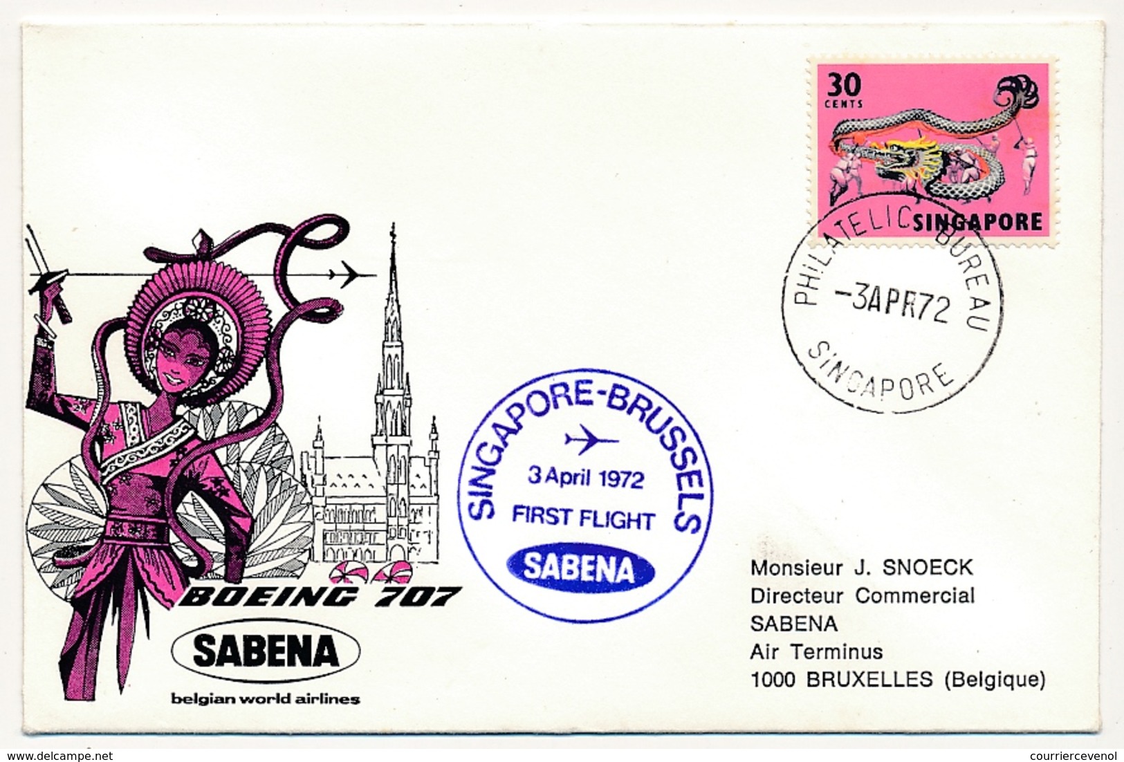 SINGAPOUR / BELGIQUE - 2 Enveloppes SABENA - 1ere Liaison Aérienne - SINGAPOUR / BRUXELLES - 1 Et 3 Avril 1972 - Singapore (1959-...)