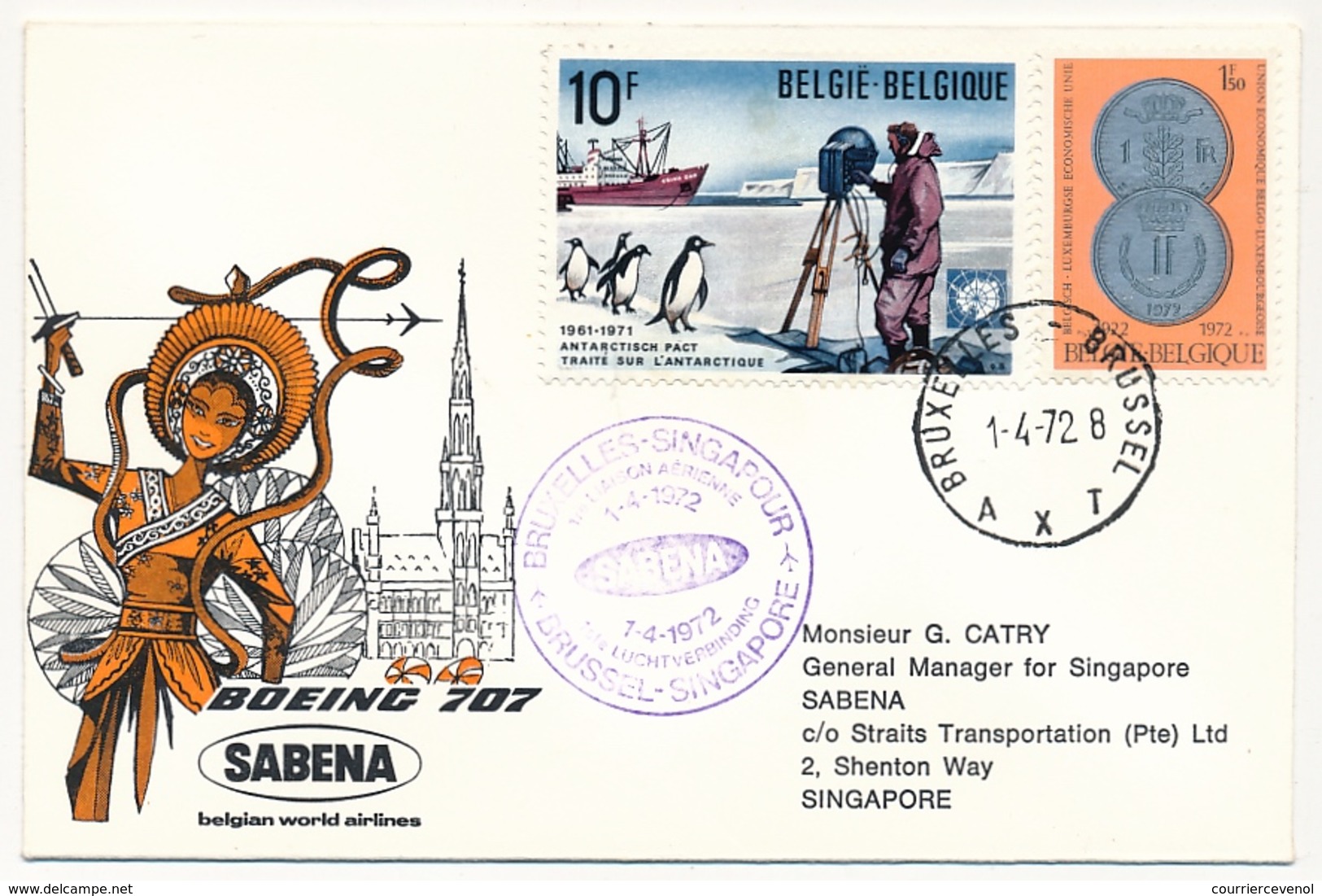 SINGAPOUR / BELGIQUE - 2 Enveloppes SABENA - 1ere Liaison Aérienne - SINGAPOUR / BRUXELLES - 1 Et 3 Avril 1972 - Singapur (1959-...)