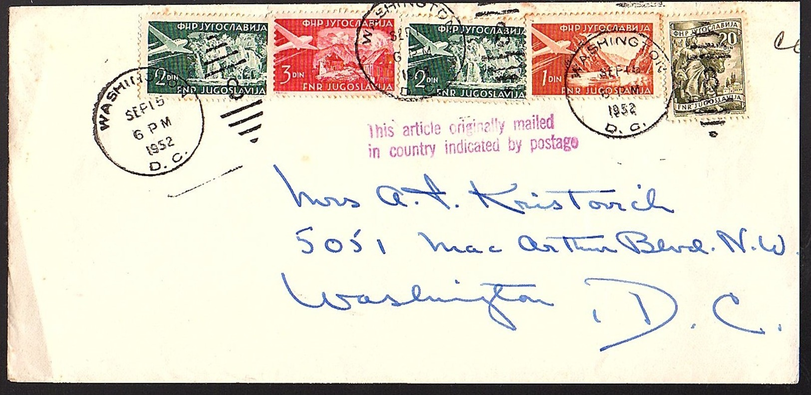 US Diplomatic Mail Sent From Yugoslavia 1952 (186) - Covers & Documents