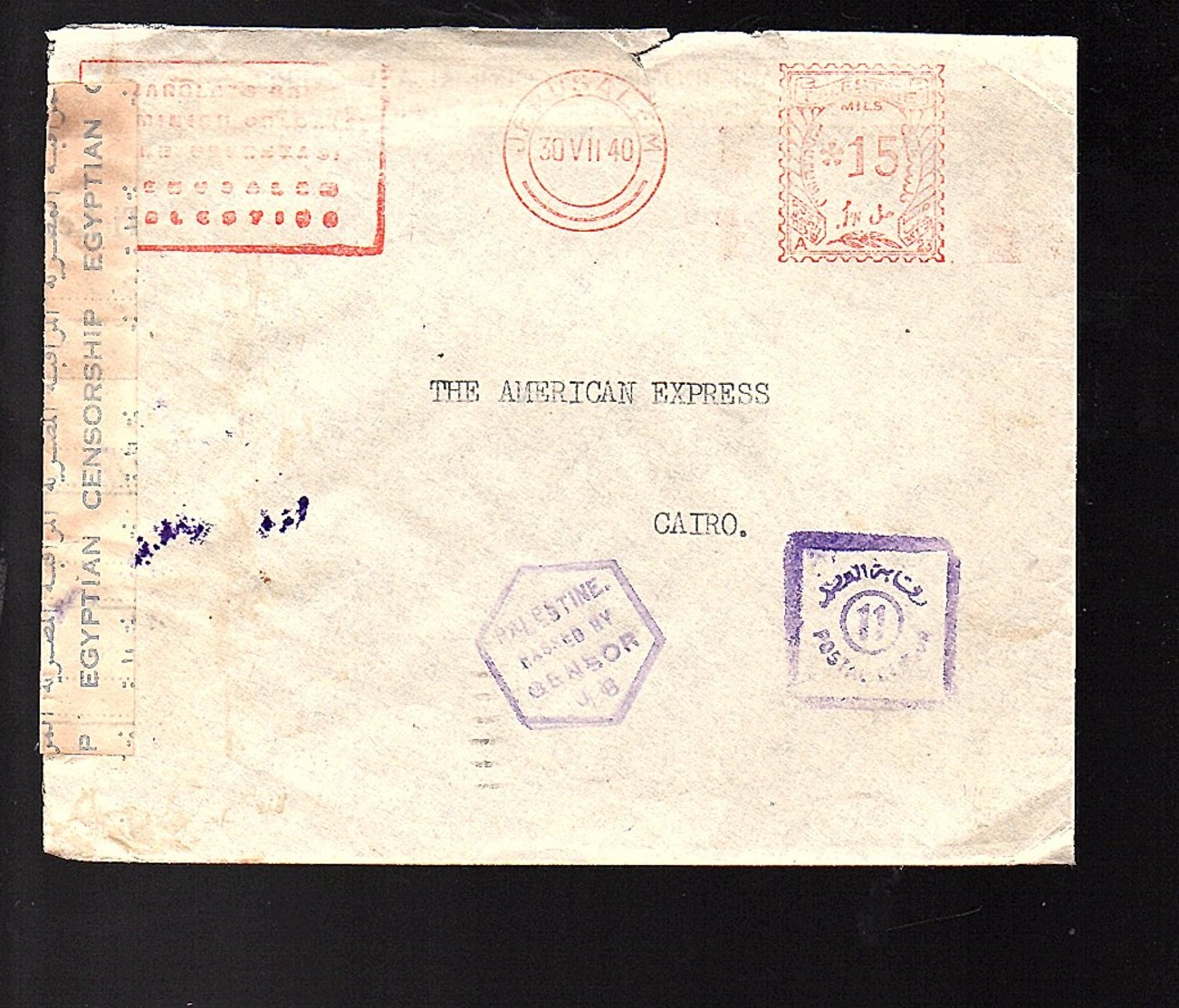 1940 Palestine Jerusalem Censored > Cairo American Express (190) - Palestine