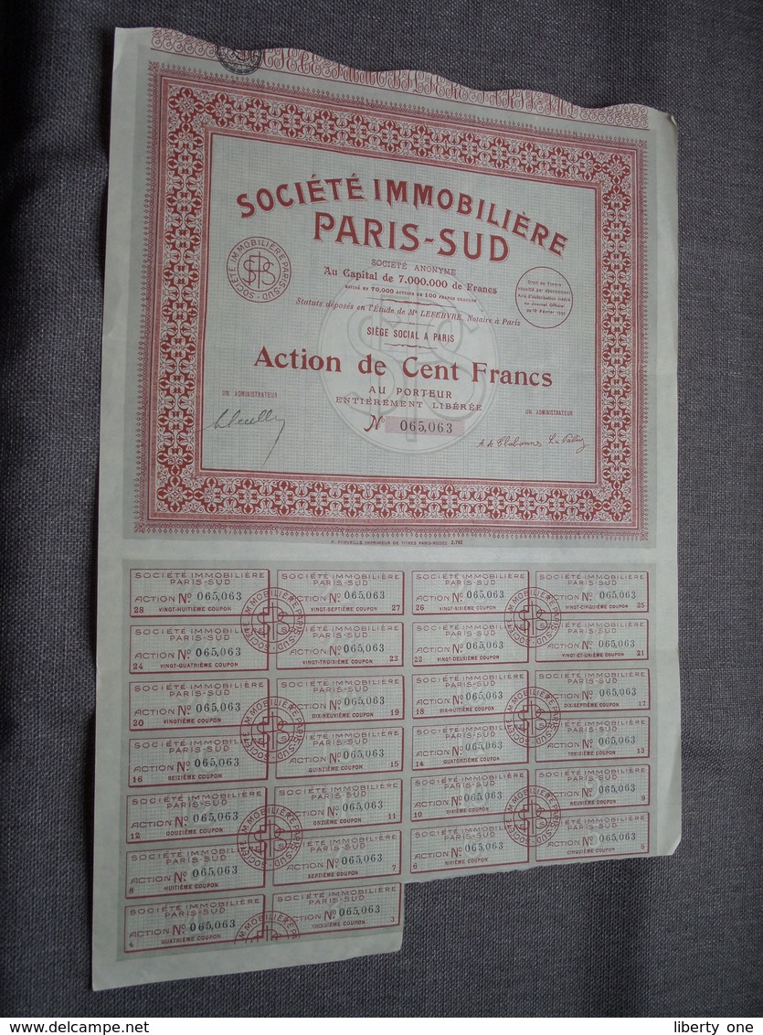 Soc. Immobilière PARIS-SUD : Action De 100 Francs Au Porteur : N° 065,063 ( Voir Photo ) - P - R