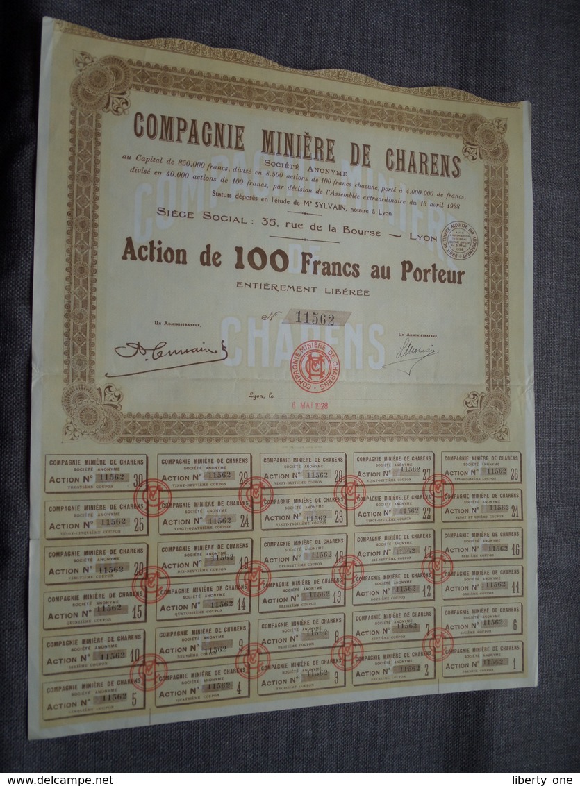 Cie Minière De CHARENS : Action De 100 Francs Au Porteur : N° 11562 ( Voir Photo ) - Mijnen
