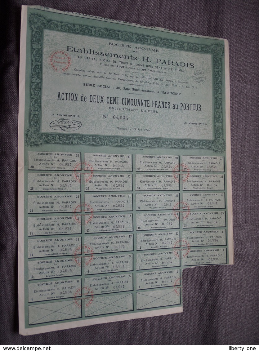 Ets. H. PARADIS : Action De 250 Francs Au Porteur : N° 04934 ( Voir Photo ) - P - R