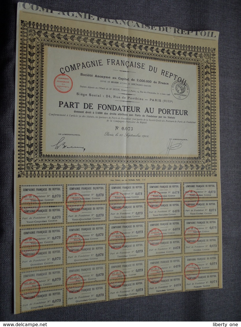 Cie Française Du REPTOÏL : Part De Fondateur Au Porteur : N° 0,073 ( Voir Photo ) - Industrie