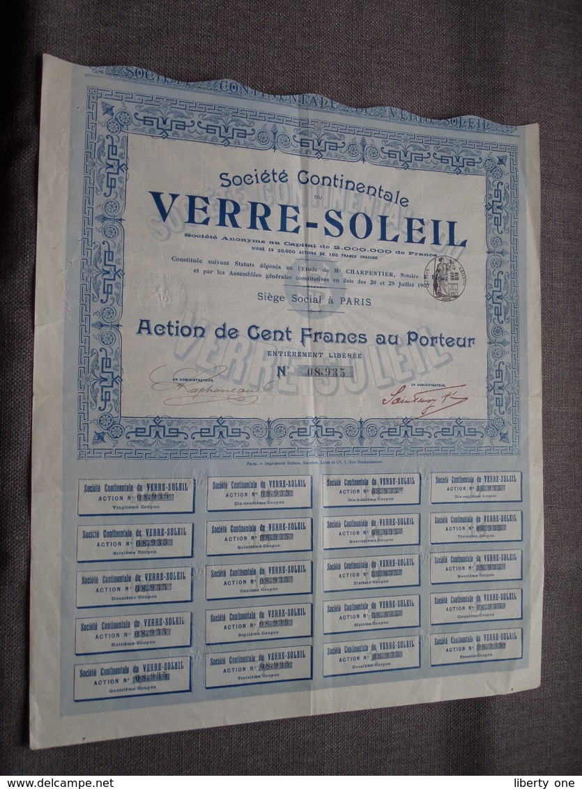 Soc. Cont. VERRE - SOLEIL : Action De 100 Francs Au Porteur : N° 08,935 ( Voir Photo ) - S - V