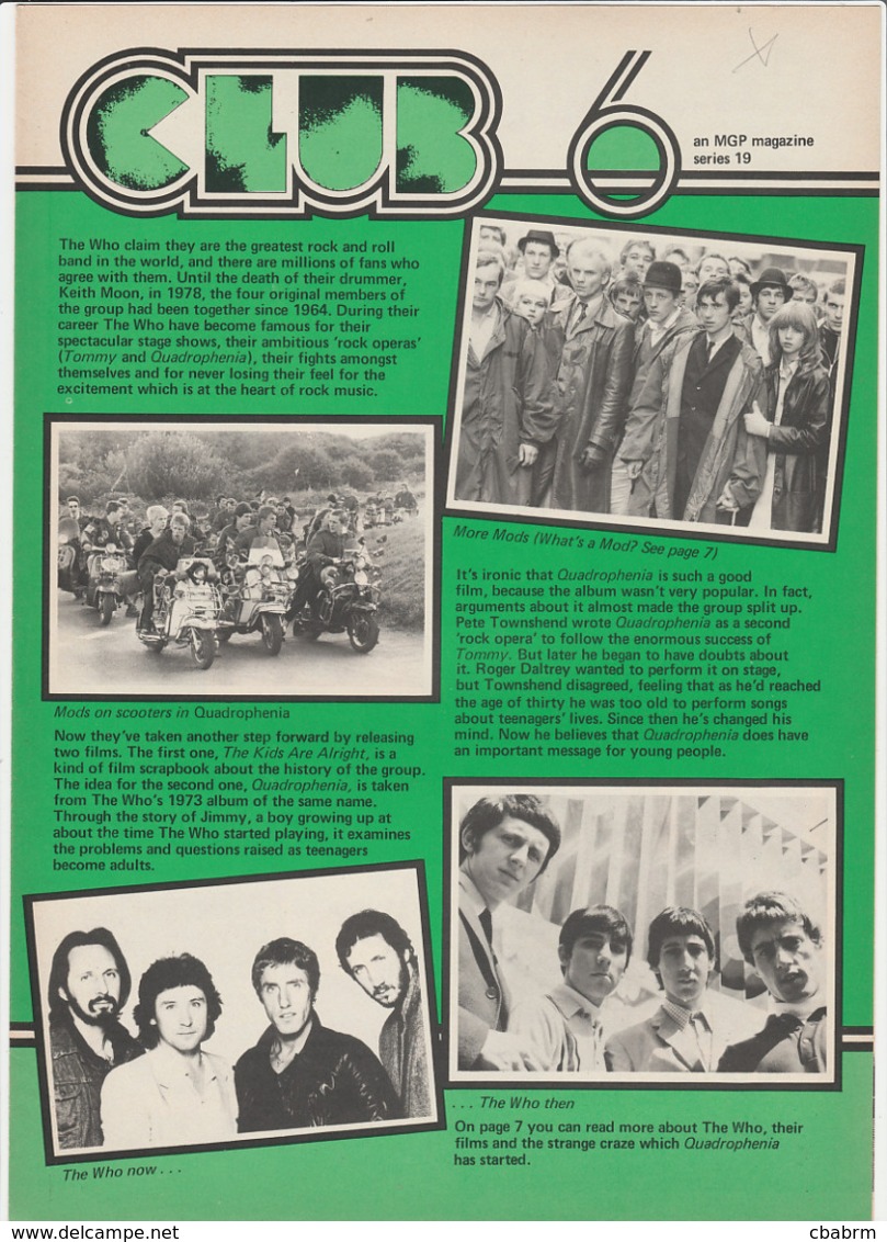 Revue CLUB 6 En Anglais THE WHO 8 Pages En 1979 An MGP Magazine Series 19 - Cultural