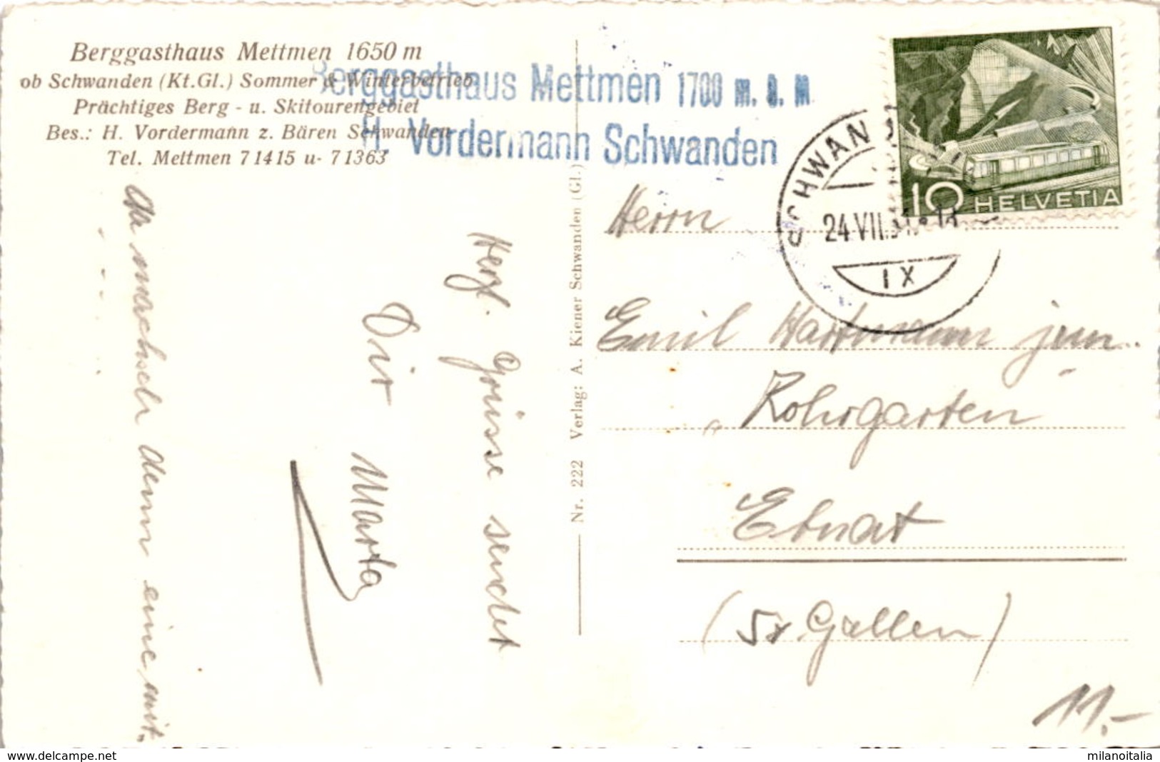 Berggasthaus Mettmen 1650 M Ob Schwanden (222) * 24. 7. 1951 - Schwanden
