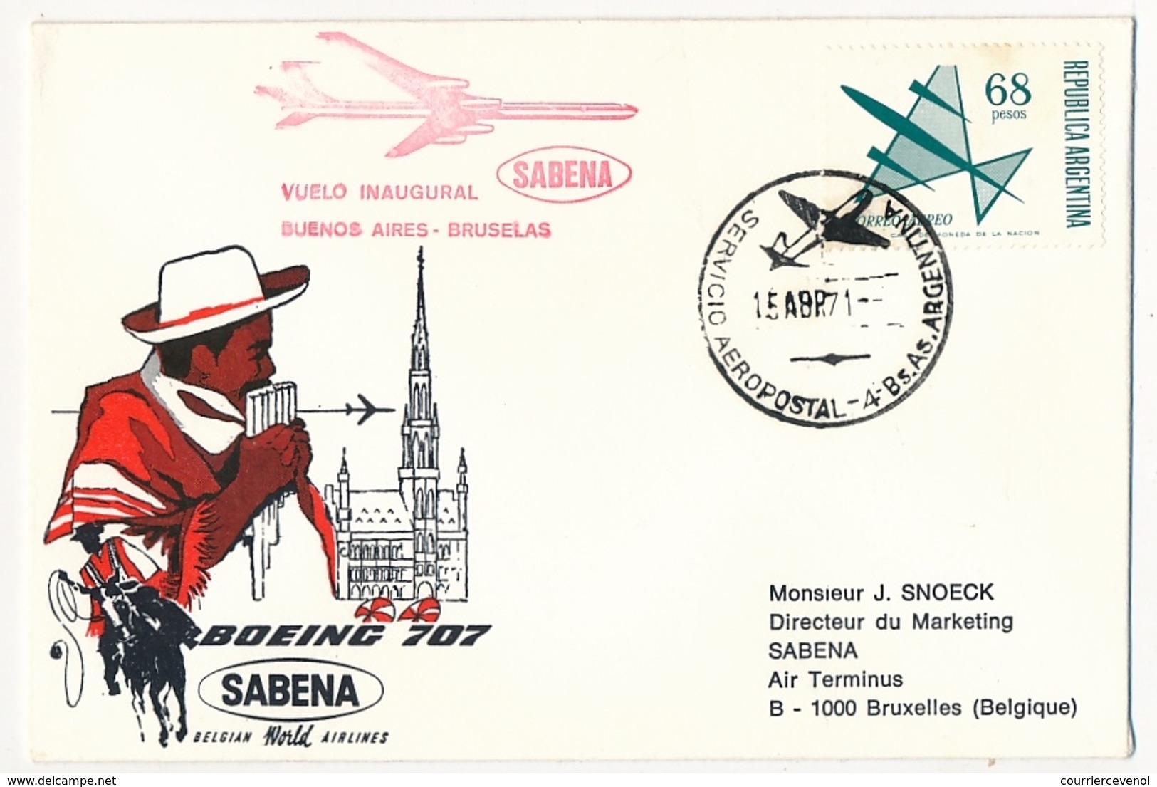 ARGENTINE - Enveloppe Premier Vol SABENA - BUENOS AIRES / BRUXELLES - 15 Avril 1971 - Posta Aerea