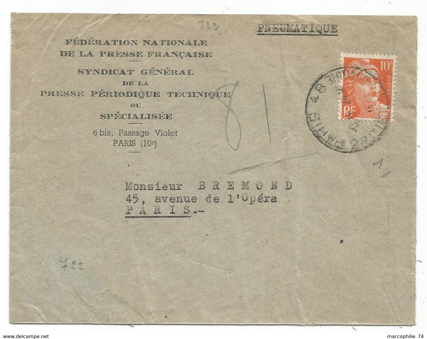 GANDON 10FR ORANGE SEUL PNEUMATIQUE PARIS 48 1945 AU TARIF - 1945-54 Marianne Of Gandon