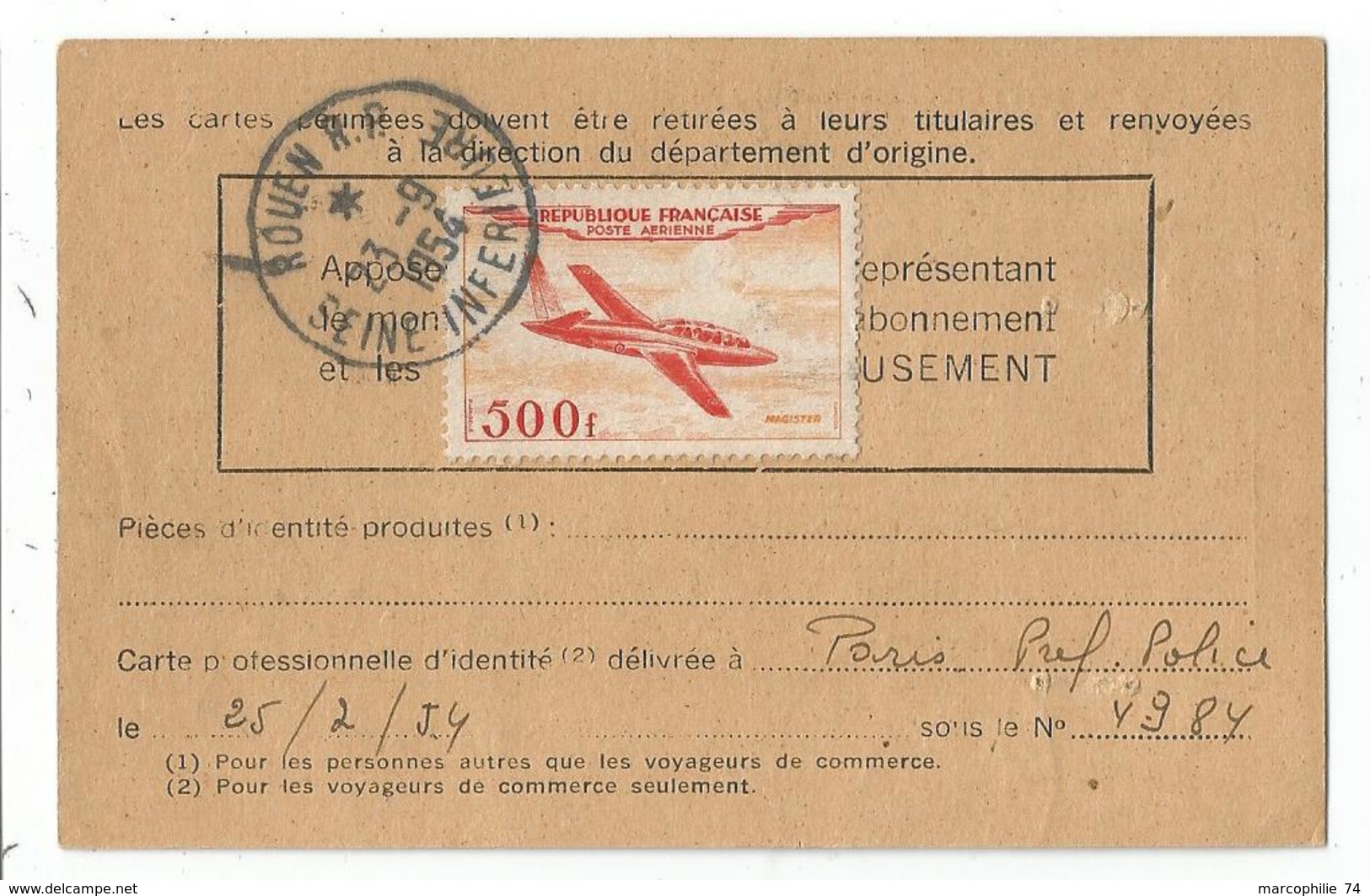 PA N°32 SEUL CARTE ABONNEMENT POSTE RESTANTE ROUEN 23.9.1954 MANQUE LA PHOTO AU TARIF PEU COMMUN - 1921-1960: Periodo Moderno