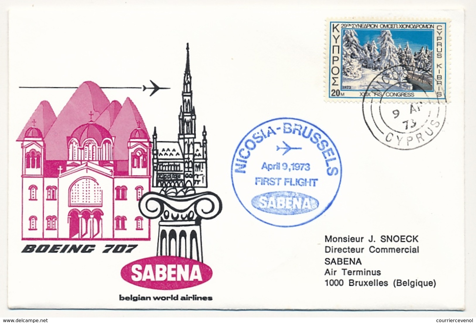 CHYPRE - Enveloppe Premier Vol NICOSIE / BRUXELLES Par Sabena - 9 Avril 1973 - Lettres & Documents