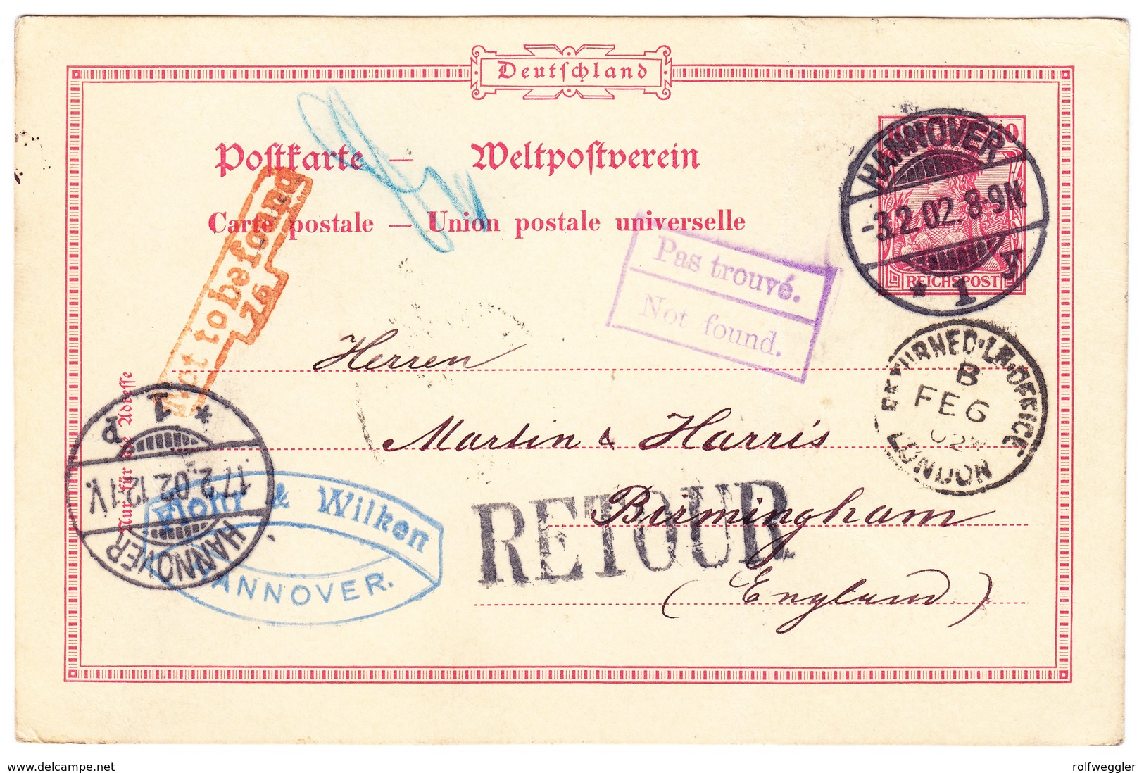 1902 10Pf Karte Aus Hannover Nach Birmingham; Stempel: RETOUR; Pas Trouvé; Not To Be Found - Altri & Non Classificati