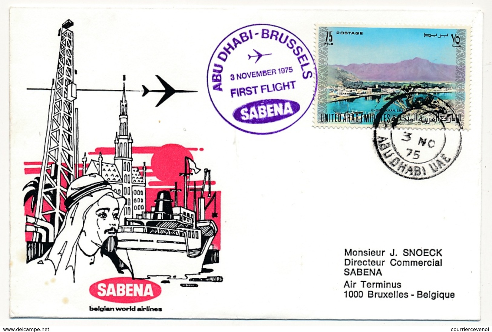 ABU DHABI - Enveloppe Premier Vol ABU DHABI / BRUXELLES Par Sabena - 3 Novembre 1975 - Abu Dhabi