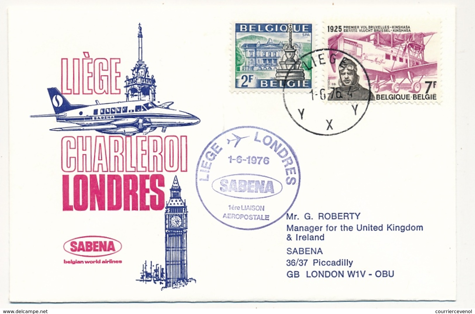 BELGIQUE - Enveloppe Premier Vol LIEGE / LONDRES Par SABENA - 1/6/1976 - Altri & Non Classificati