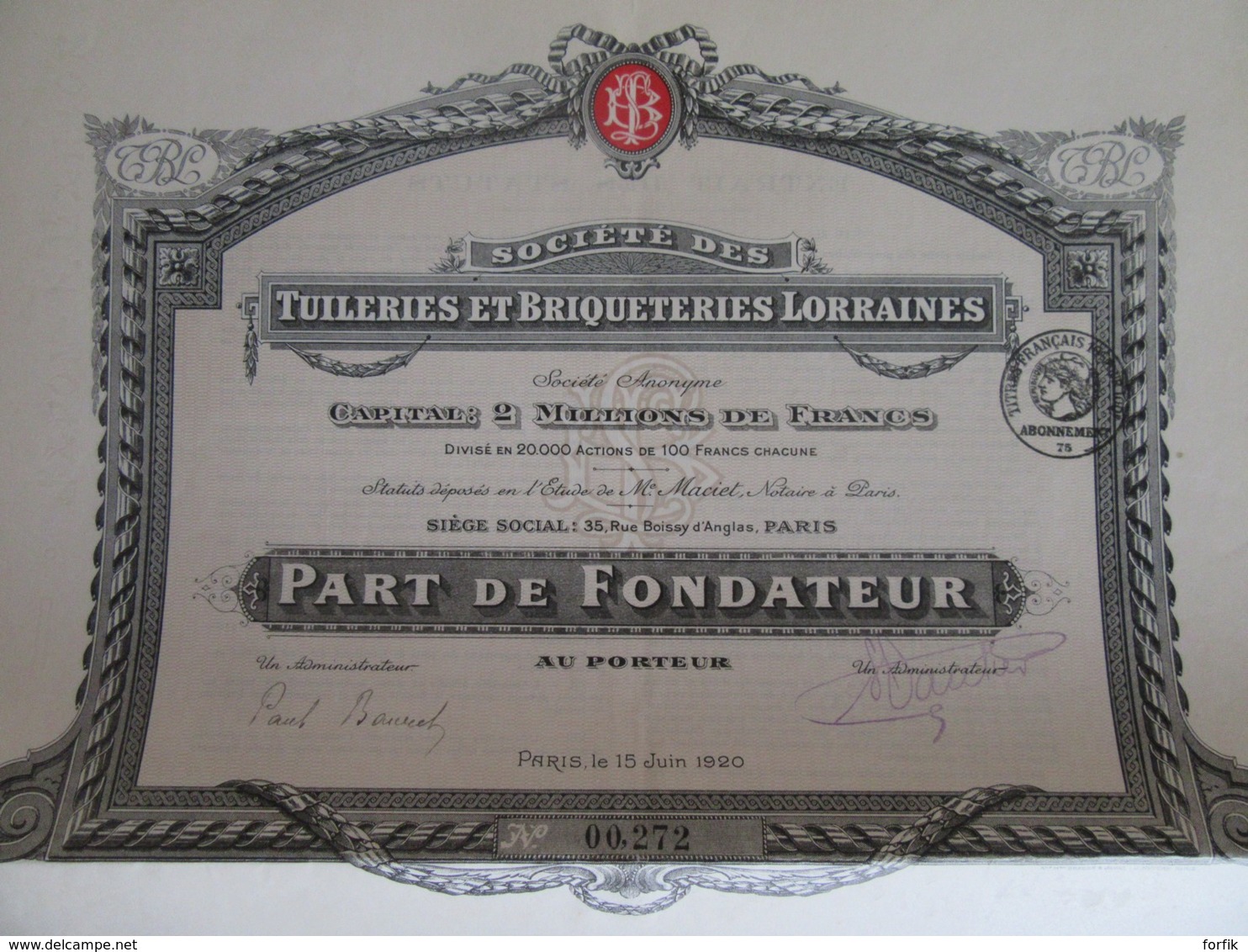 7 Actions Dont 3 Parts Fondateur Des Tuileries Et Briqueteries Lorraines - 1920 / 1926 - Achat Immédiat - Industrie