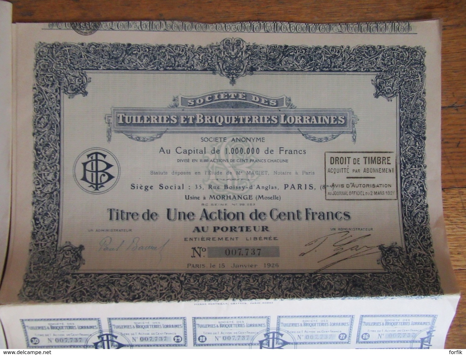 7 Actions Dont 3 Parts Fondateur Des Tuileries Et Briqueteries Lorraines - 1920 / 1926 - Achat Immédiat - Industrie