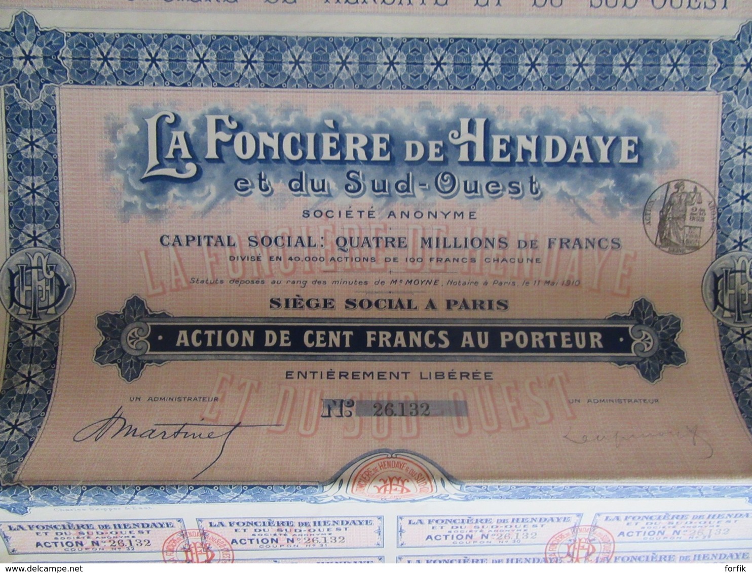 25 Actions De La Foncière De Hendaye Et Du Sud-Ouest Avec Coupons - 1910 - Achat Immédiat - D - F