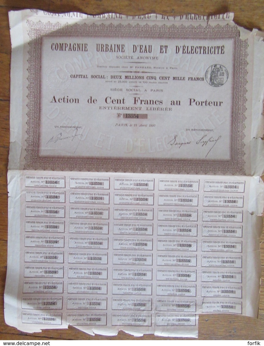 Action De 100 Francs De La Compagnie Urbaine D'Eau Et D'Electricité - 1897 - Achat Immédiat - Acqua