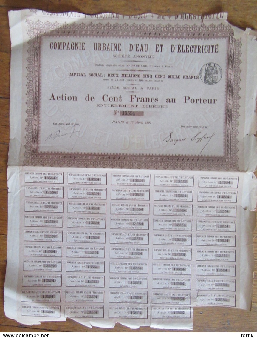 Action De 100 Francs De La Compagnie Urbaine D'Eau Et D'Electricité - 1897 - Achat Immédiat - Water