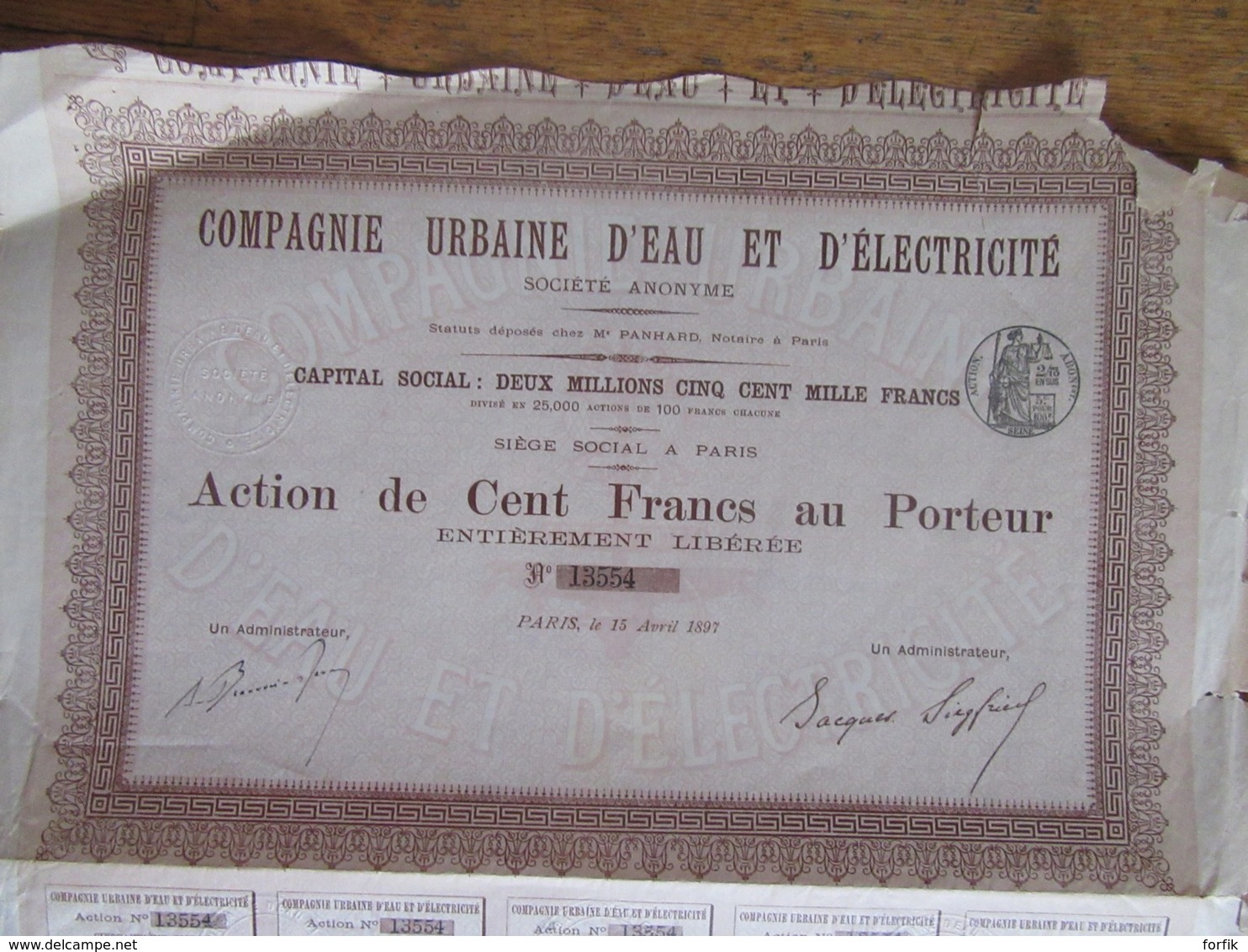 Action De 100 Francs De La Compagnie Urbaine D'Eau Et D'Electricité - 1897 - Achat Immédiat - Eau