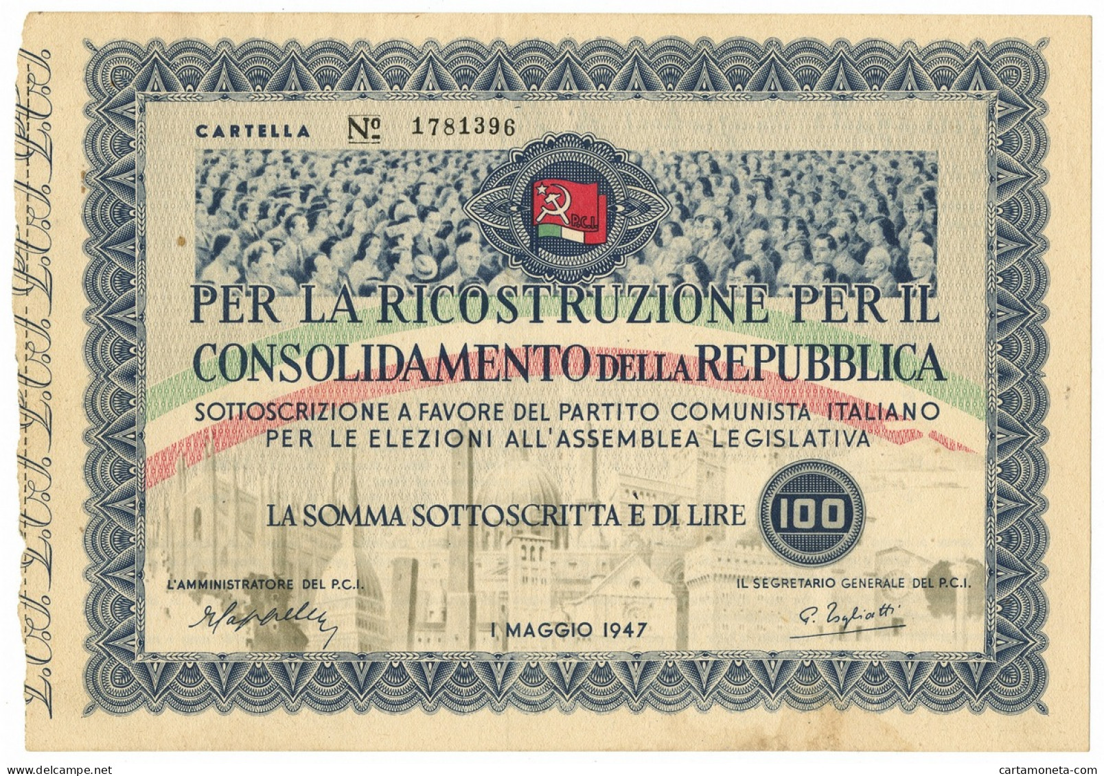 100 LIRE PARTITO COMUNISTA ITALIANO SOTTOSCRIZIONE 01/05/1947 QSPL - [ 7] Errors & Varieties