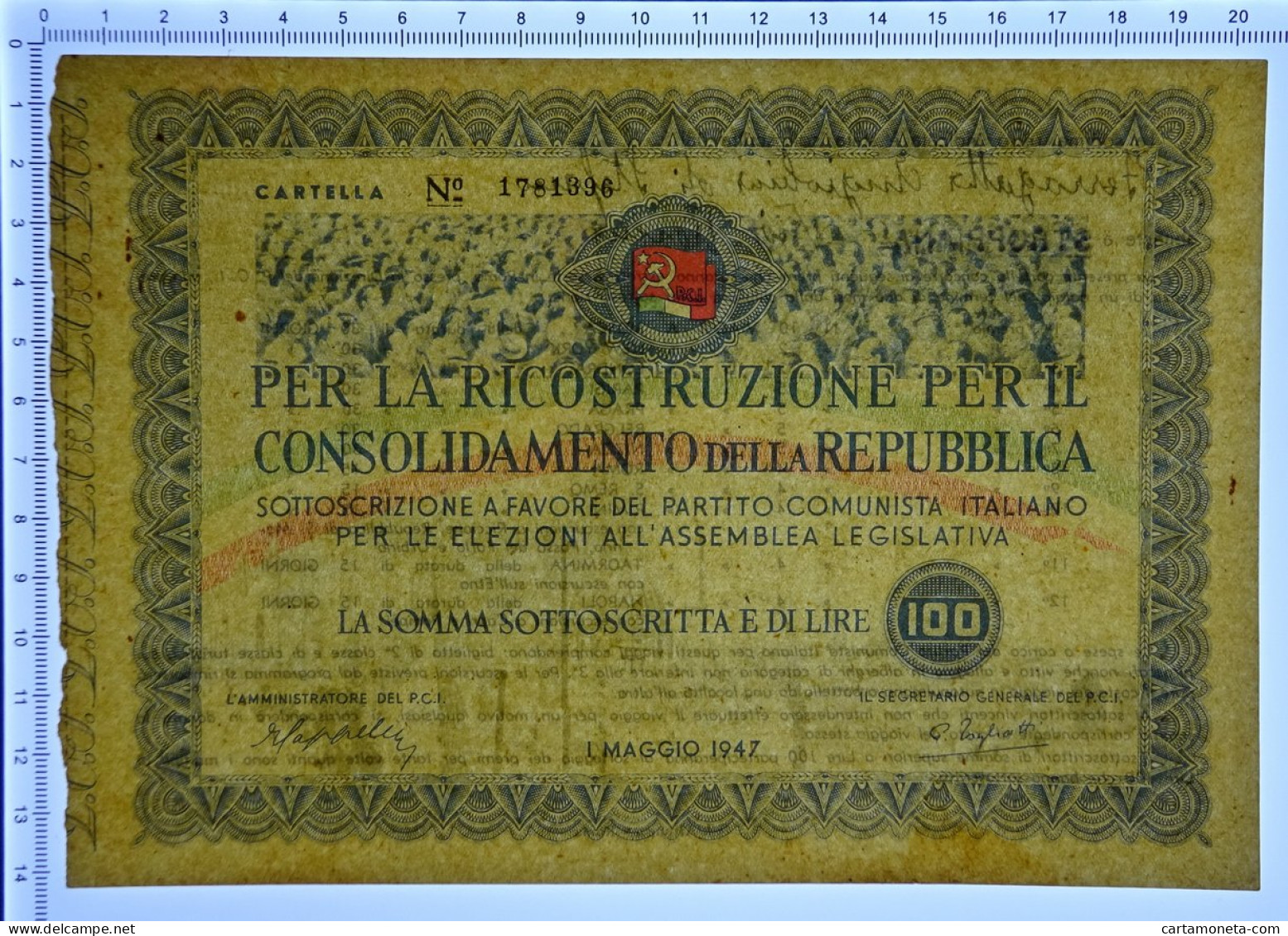 100 LIRE PARTITO COMUNISTA ITALIANO SOTTOSCRIZIONE 01/05/1947 QSPL - [ 7] Fehlliste & Abarten