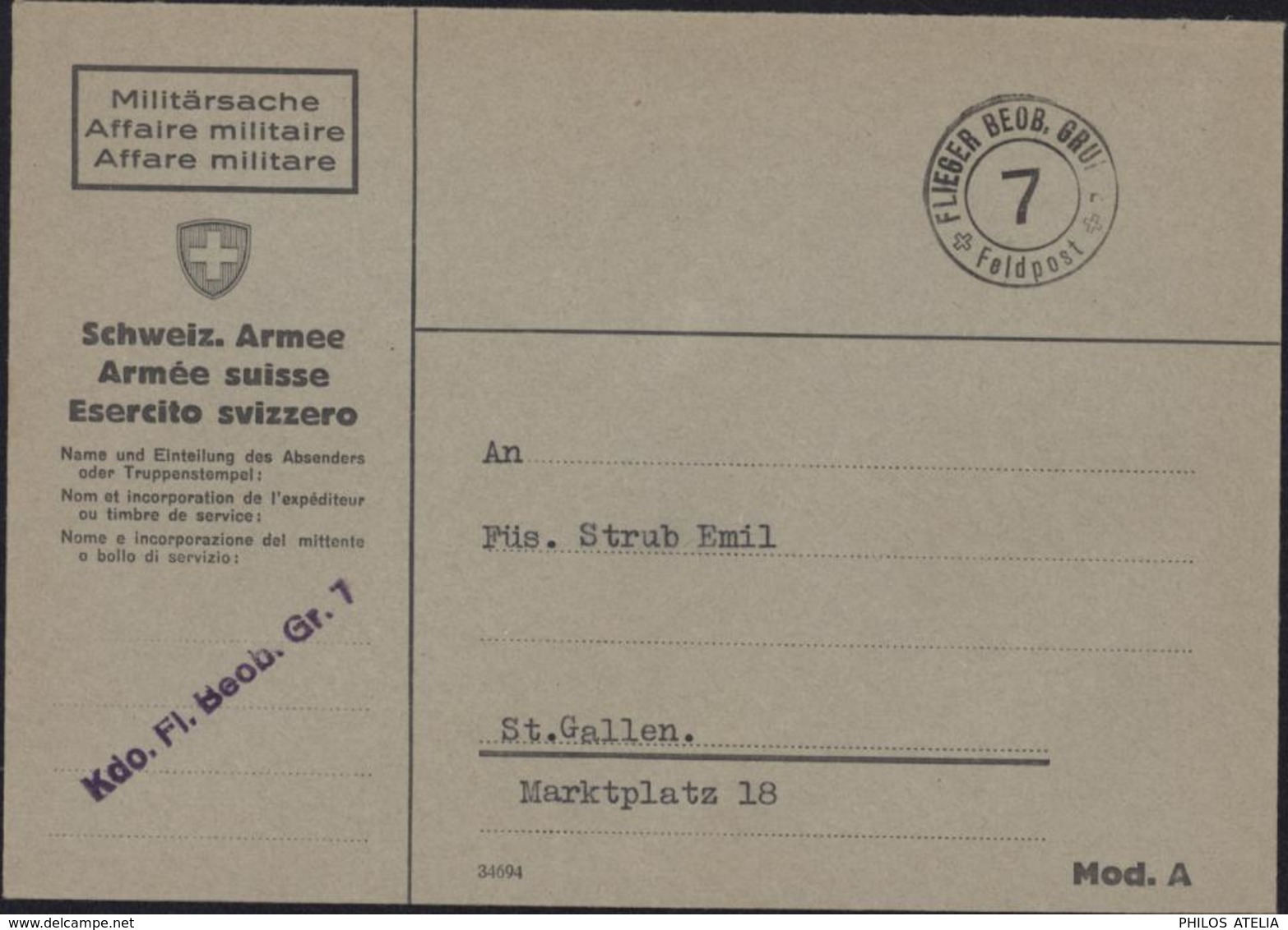 Carte Affaire Militaire Armée Suisse Cachet Flieger Beob Gruppe 7 Feldpost + Kdo Fl Beob Gr 7 Linéaire Aviation - Oblitérations