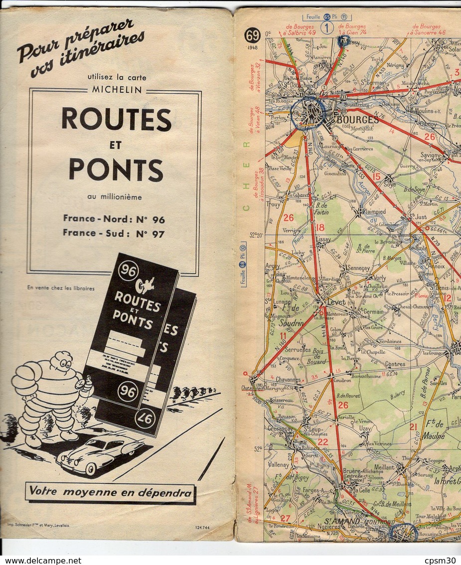 Carte Géographique MICHELIN - N° 069 BOURGES - MACON 1948 - Cartes Routières