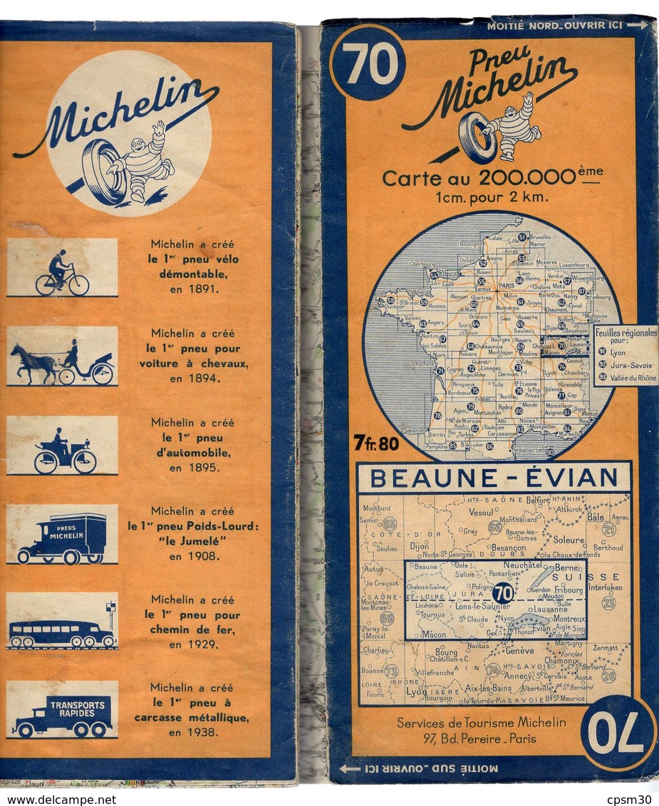 Carte Géographique MICHELIN - N° 070 BEAUNE - EVIAN 1943-2 - Cartes Routières