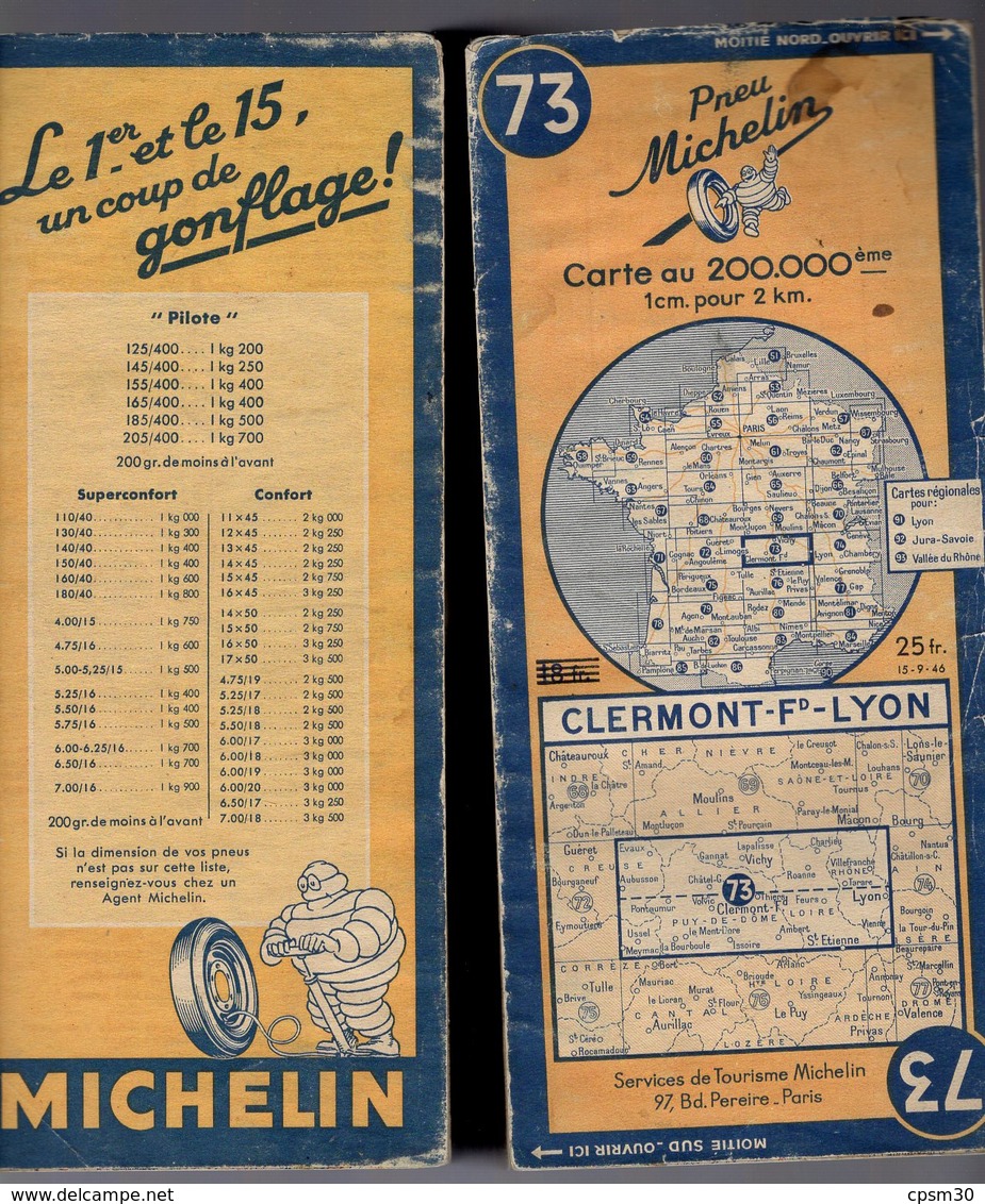 Carte Géographique MICHELIN - N° 073 CLERMON Fd - LYON 1946 - Cartes Routières